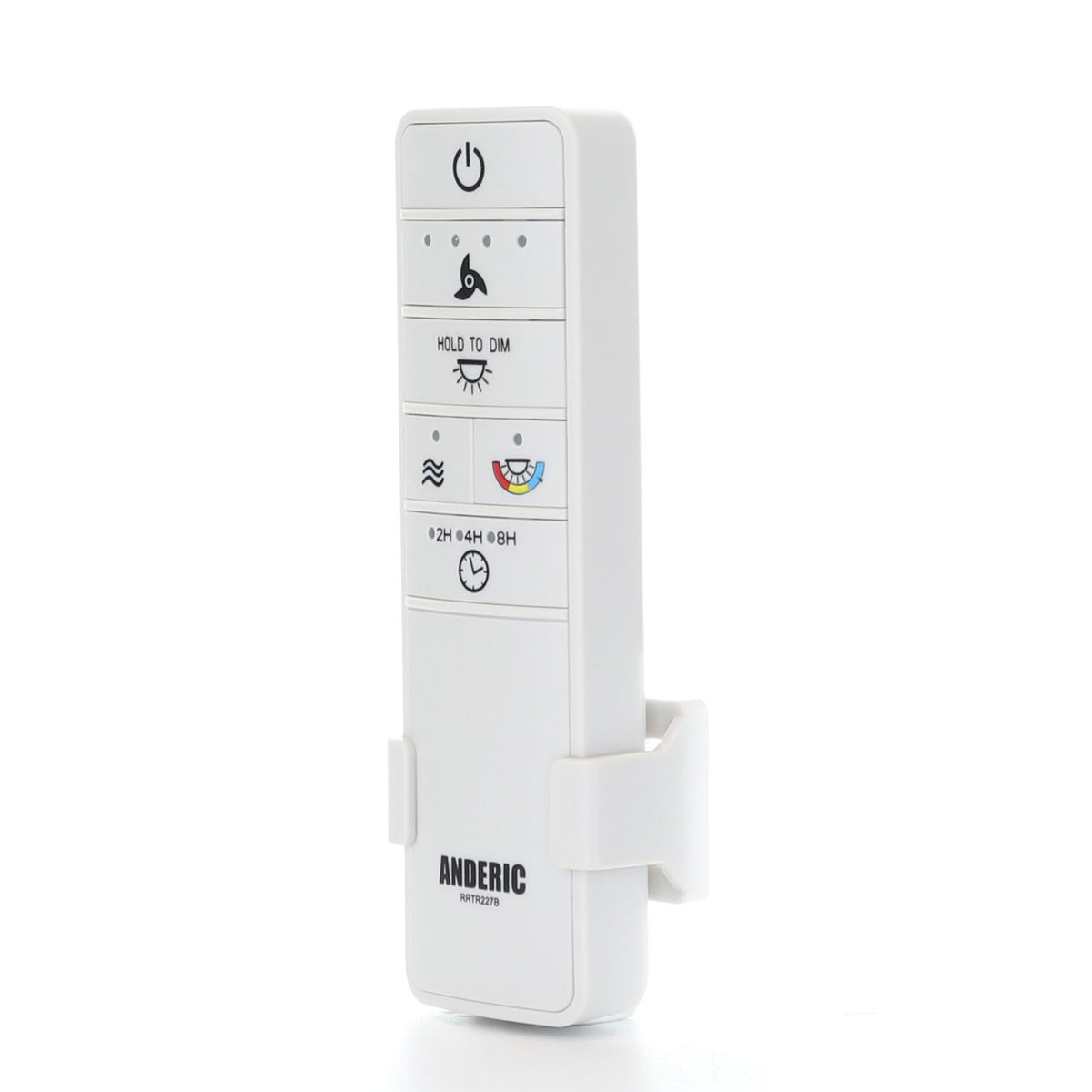 Anderic RRTR227B white ceiling fan remote control with light dimming and timer buttons in a wall mount holder