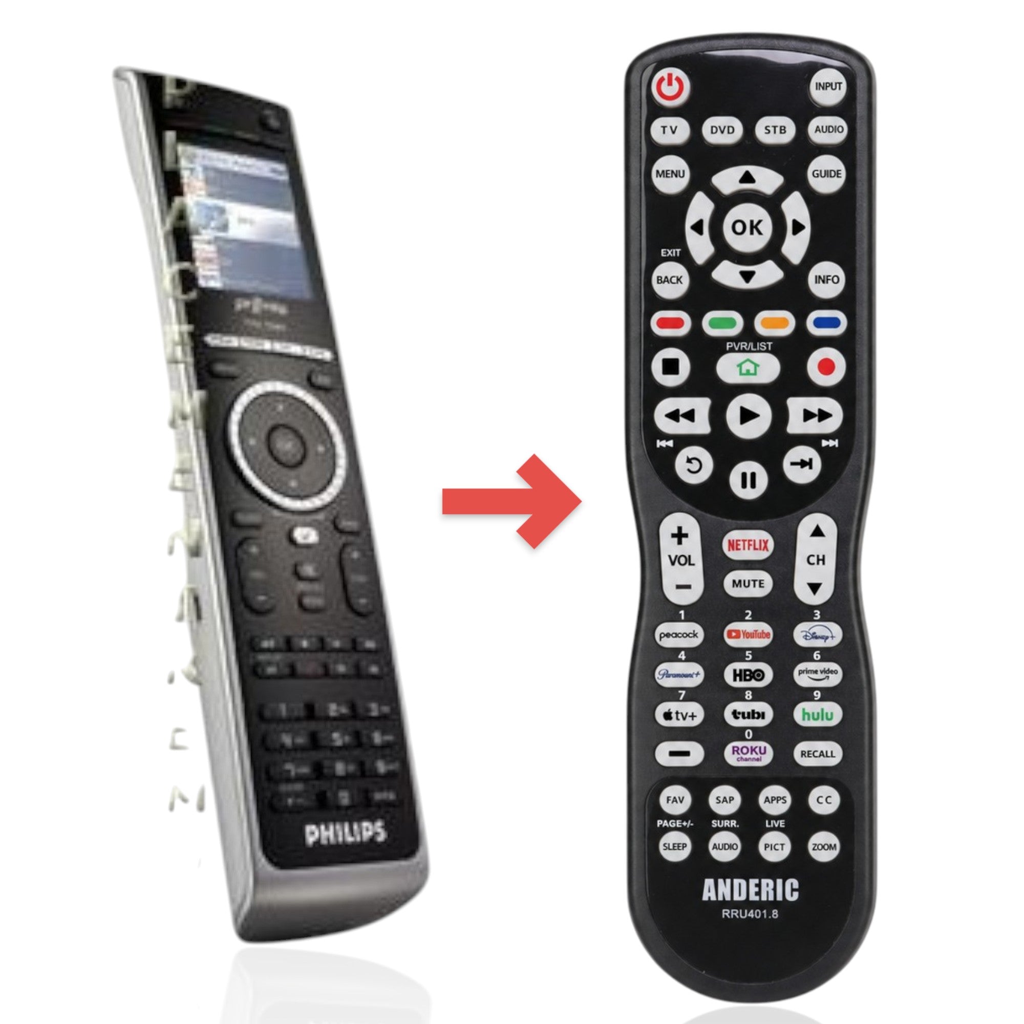 Anderic RRU401 universal remote control, a silver and black substitute for the Philips TSU9200 with LCD screen.