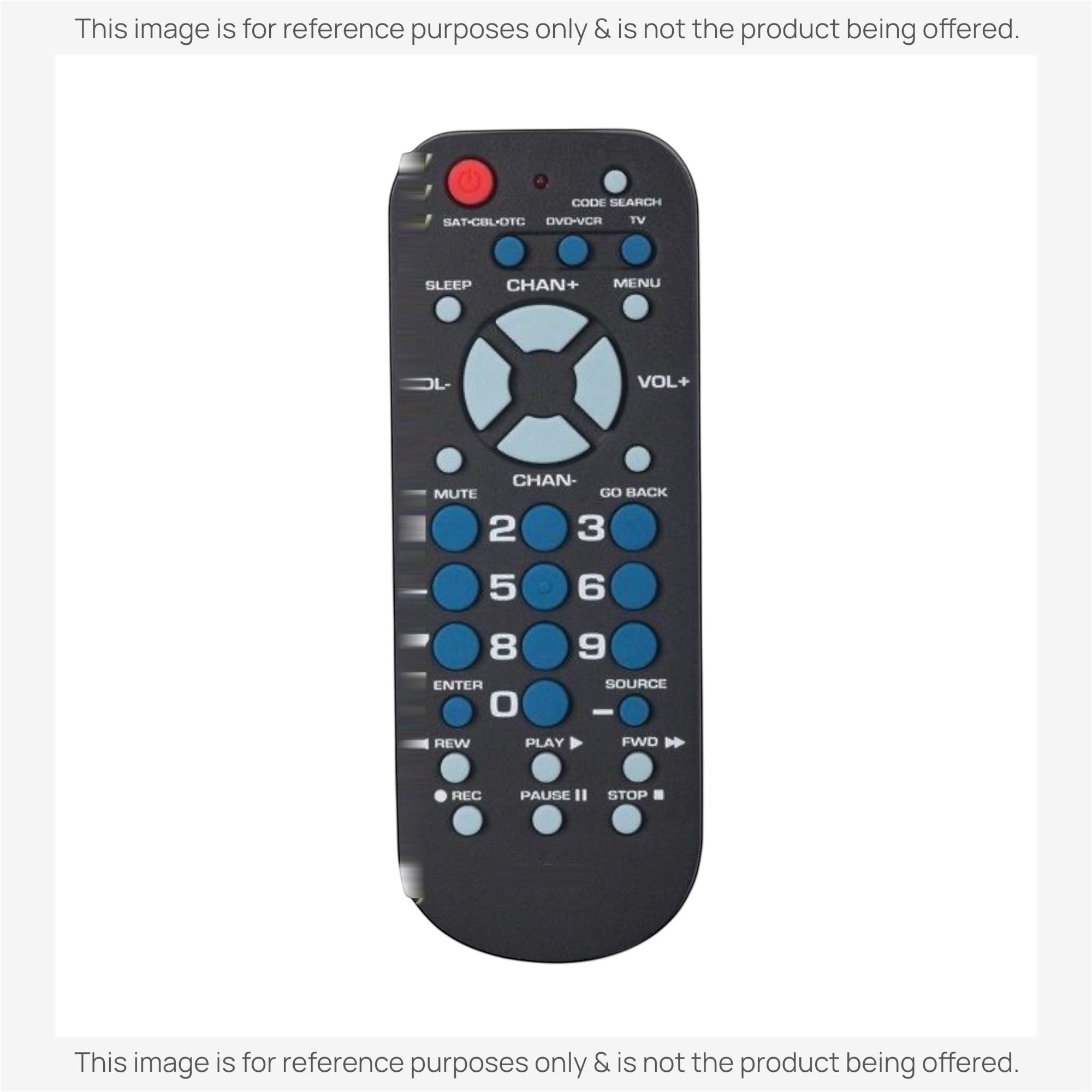 Anderic RRU401 universal remote control with a black body, blue buttons, and dedicated media playback controls.
