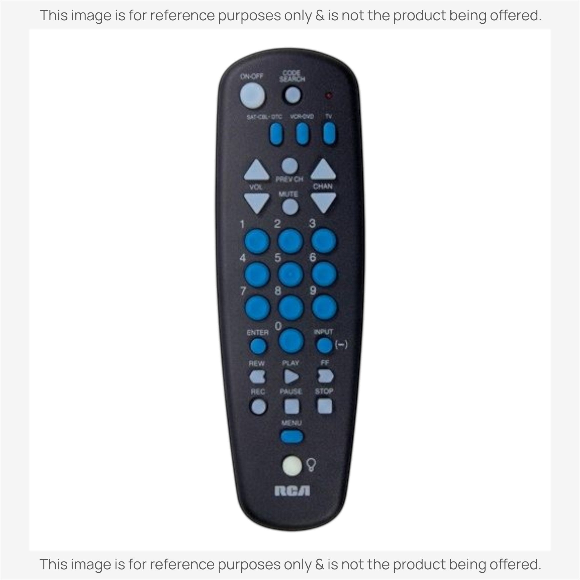 Anderic RRU401 universal remote control with black casing and blue buttons for TV, cable, and media device management.