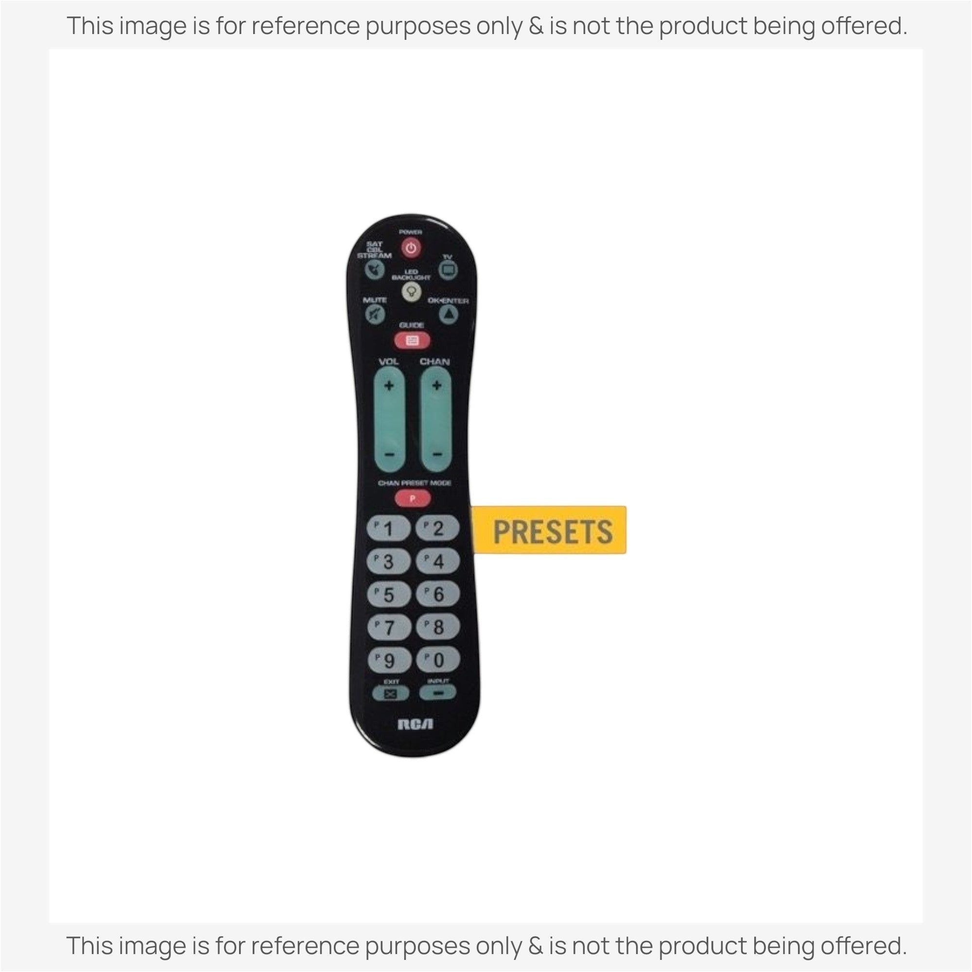 Anderic RRU401 universal remote control with backlit keypad and preset buttons for single-device electronics control.