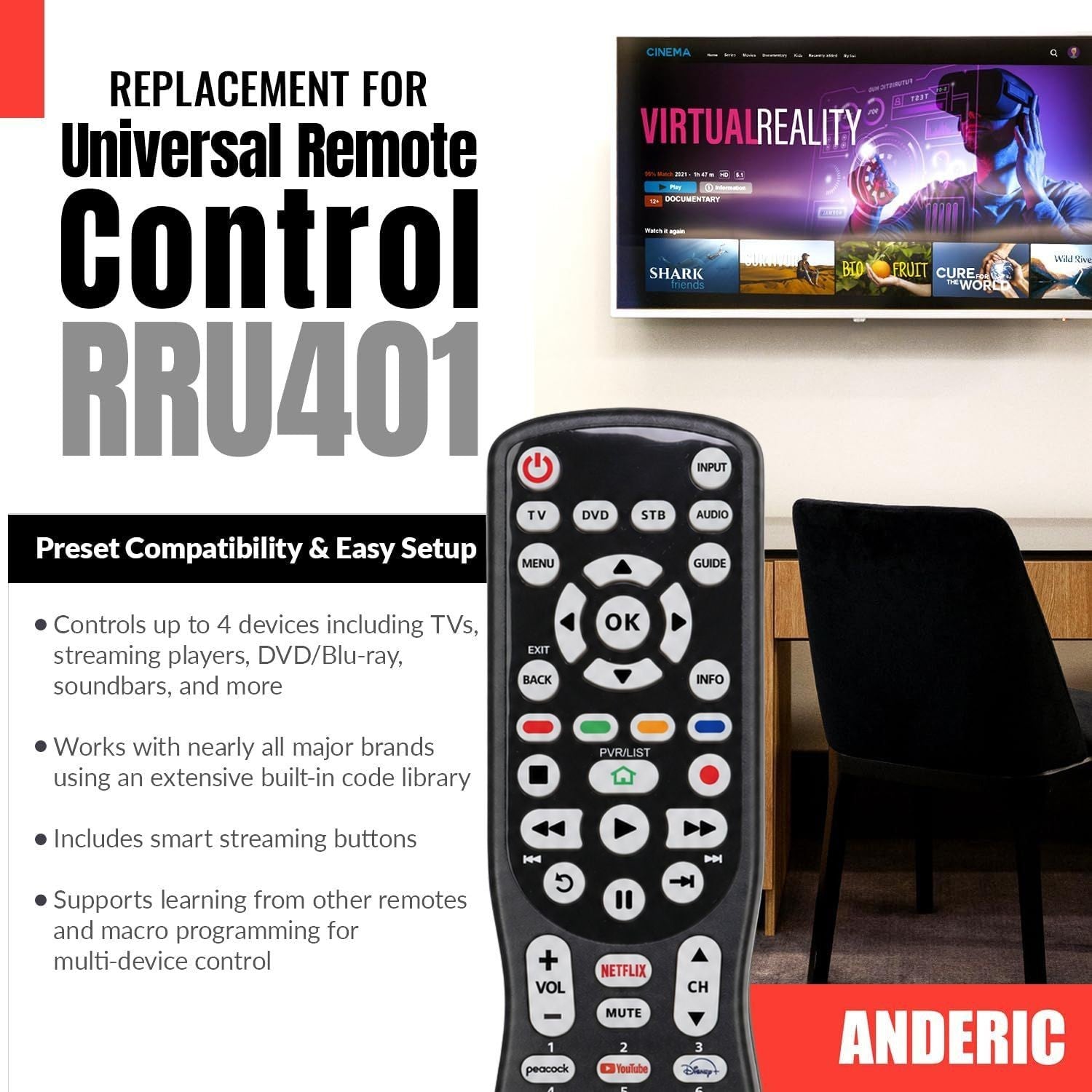Anderic RRU401 universal remote control with backlit keypad and dedicated streaming buttons for TV and media devices.