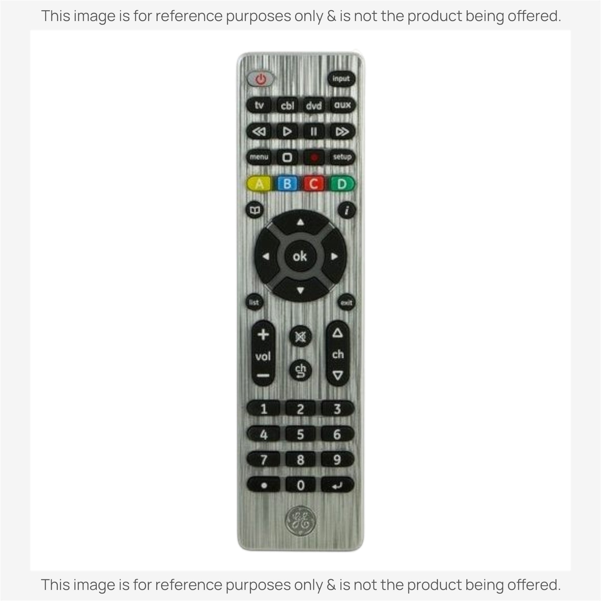 Anderic RRU401 universal remote control in silver with black buttons for TVs, cable boxes, and DVD players.