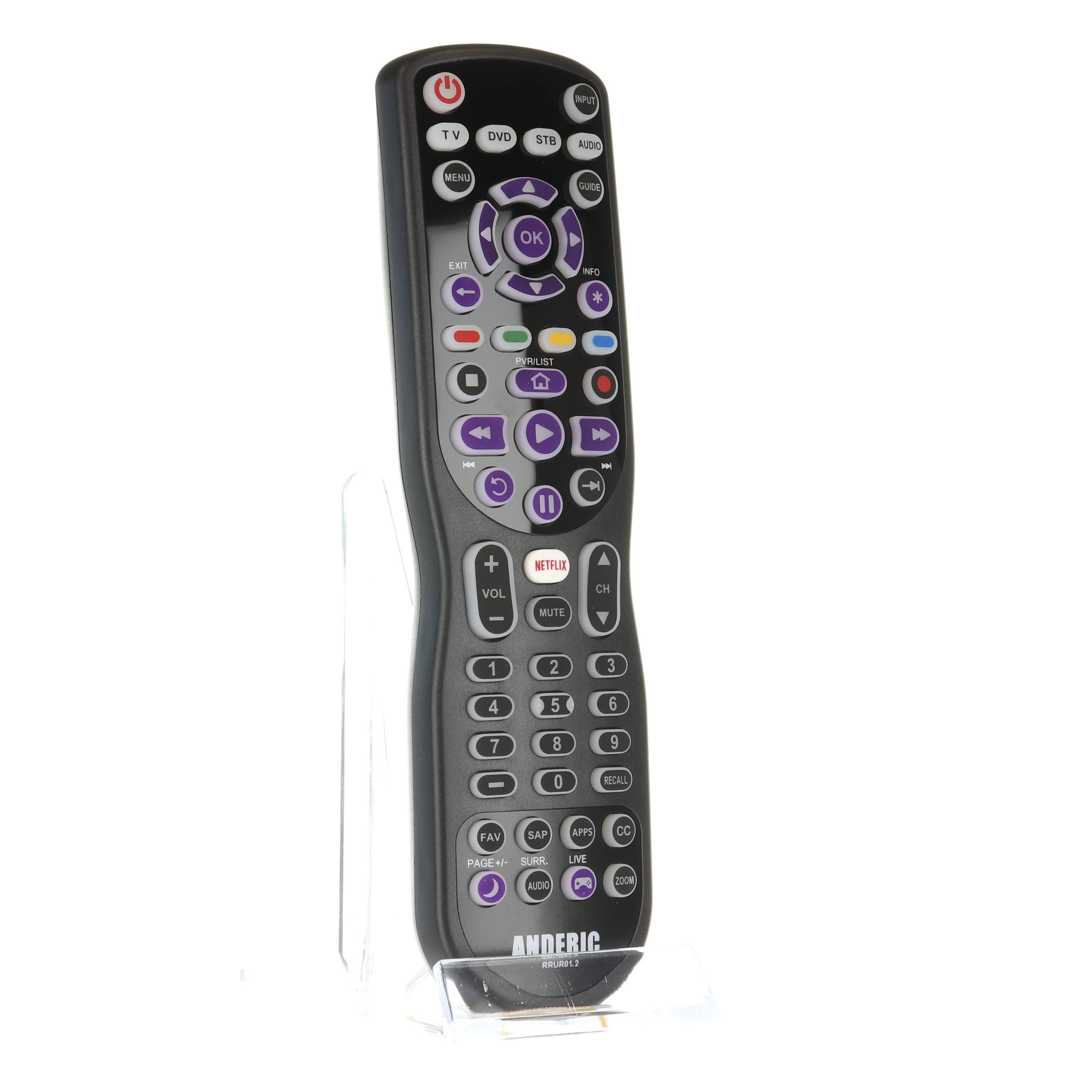 Télécommande universelle Anderic RRUR01.2 pour Roku avec touches d'apprentissage et rétroéclairées, 4 appareils