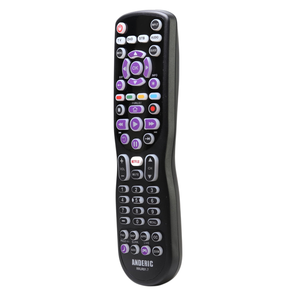 Anderic RRUR01 universal remote control for Roku devices with a black ergonomic body and purple navigation buttons.