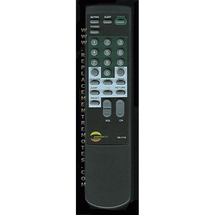 The Anderic RRY116 Sony TV Remote Control, designed for the discontinued Sony Trinitron, is black and has buttons for power, mute, sleep, volume, channels, TV/VCR switch, input options, and numeric entry. The brand name and model RM-Y116 are elegantly displayed on the side.