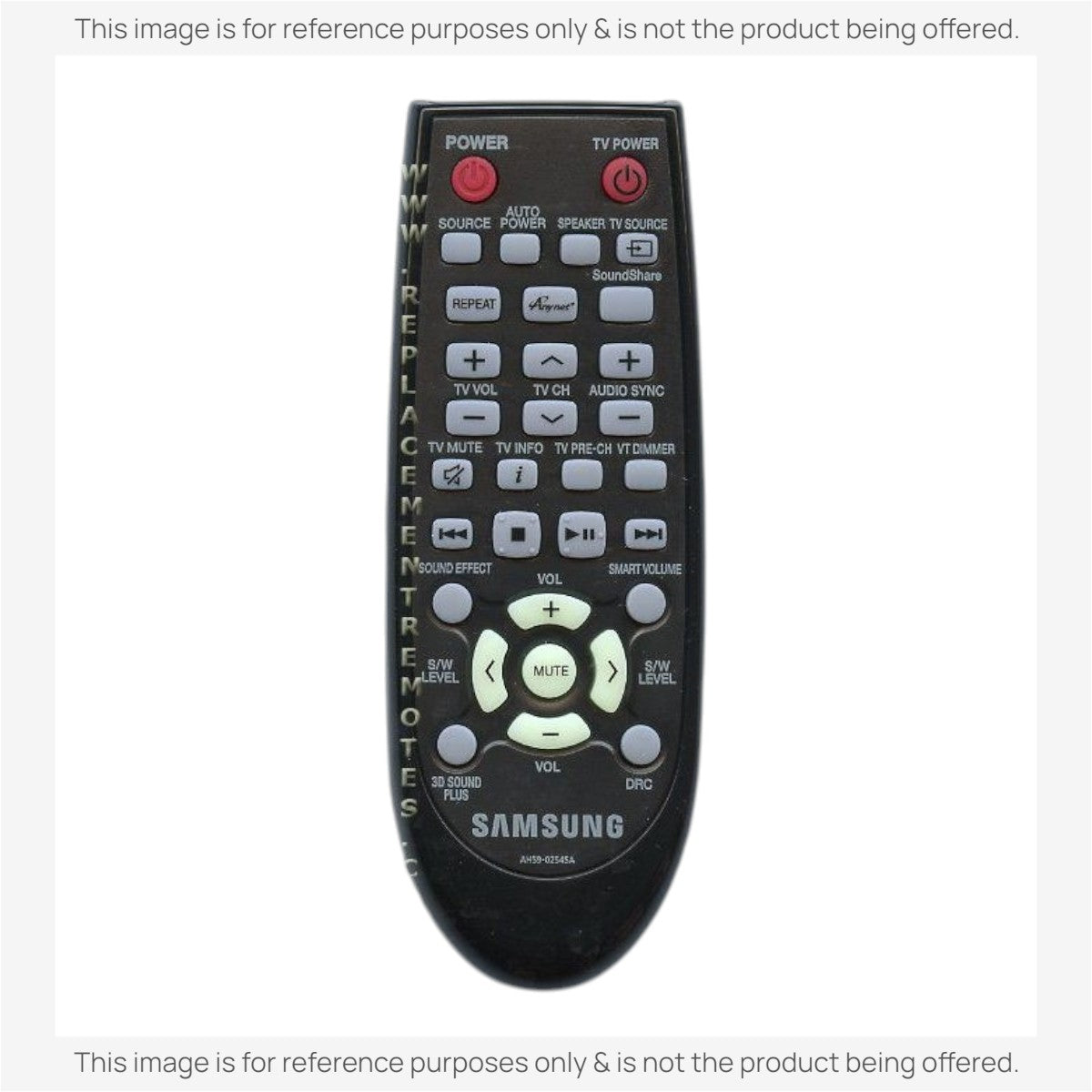 Anderic substitute remote control for Samsung AH59-02545A soundbar systems with black casing and labeled buttons.