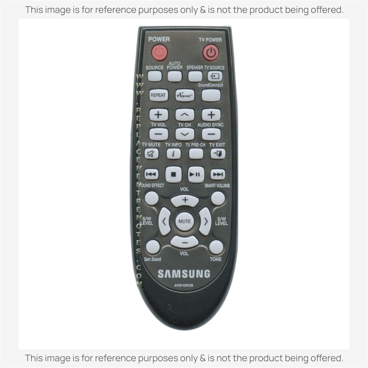 Anderic replacement remote control for Samsung audio systems, featuring black plastic casing and white buttons.