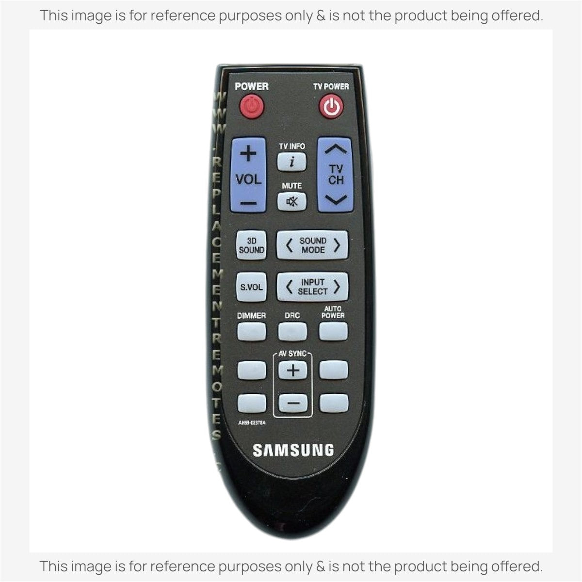 Anderic substitute remote control for Samsung AH59-02378A home theater systems with black casing and labeled buttons.