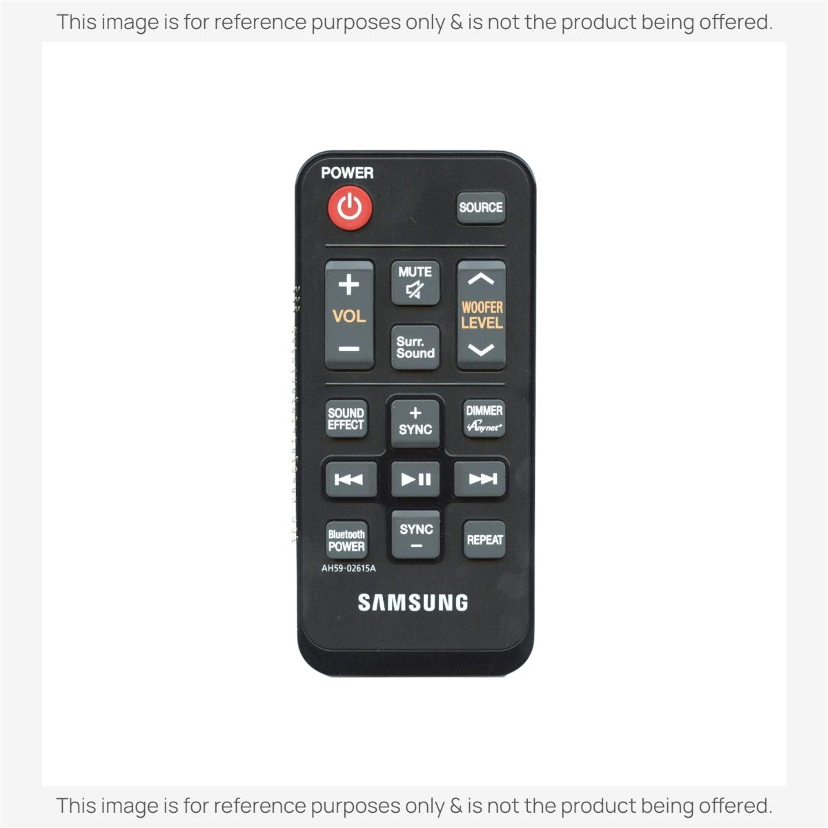 Anderic replacement remote control for Samsung home theater systems with volume, source, and playback buttons.