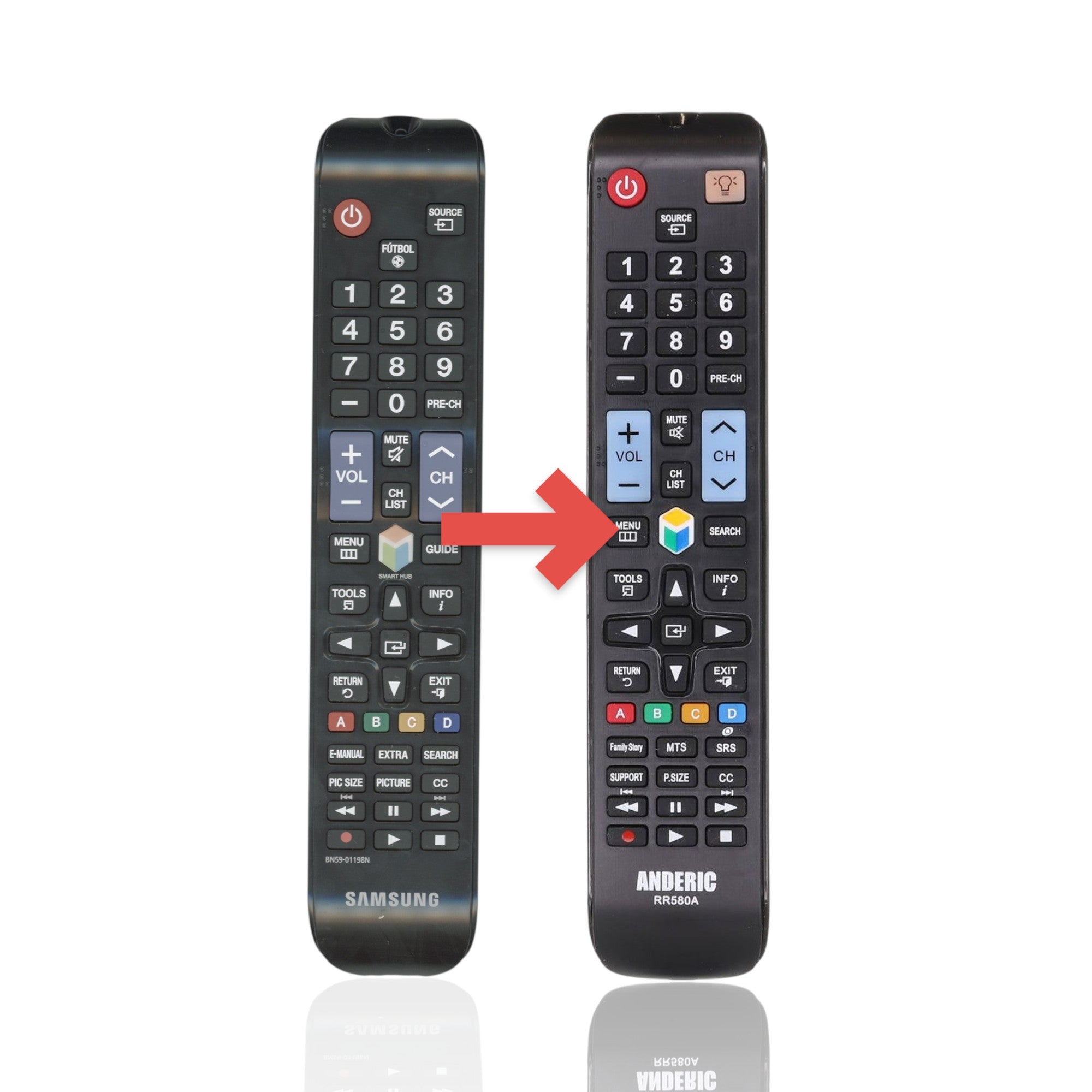 Anderic replacement remote control for Samsung TVs with black casing and standard button layout for essential functions.