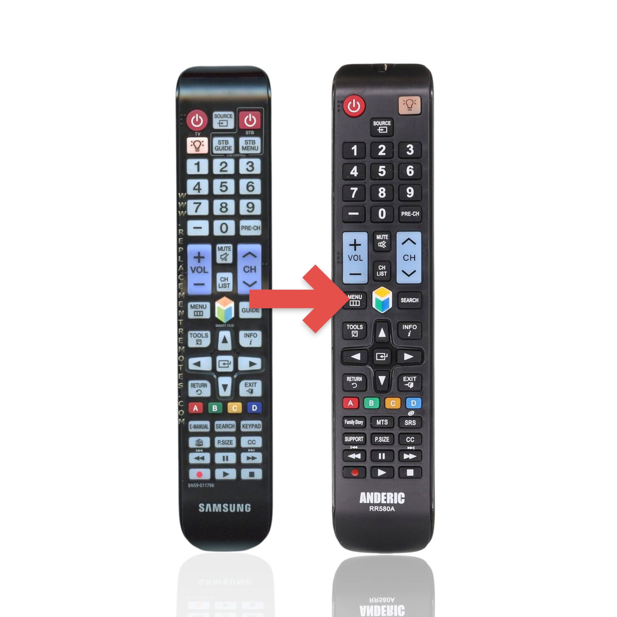 Anderic replacement remote control for Samsung TVs featuring a black design with standard navigation and media buttons