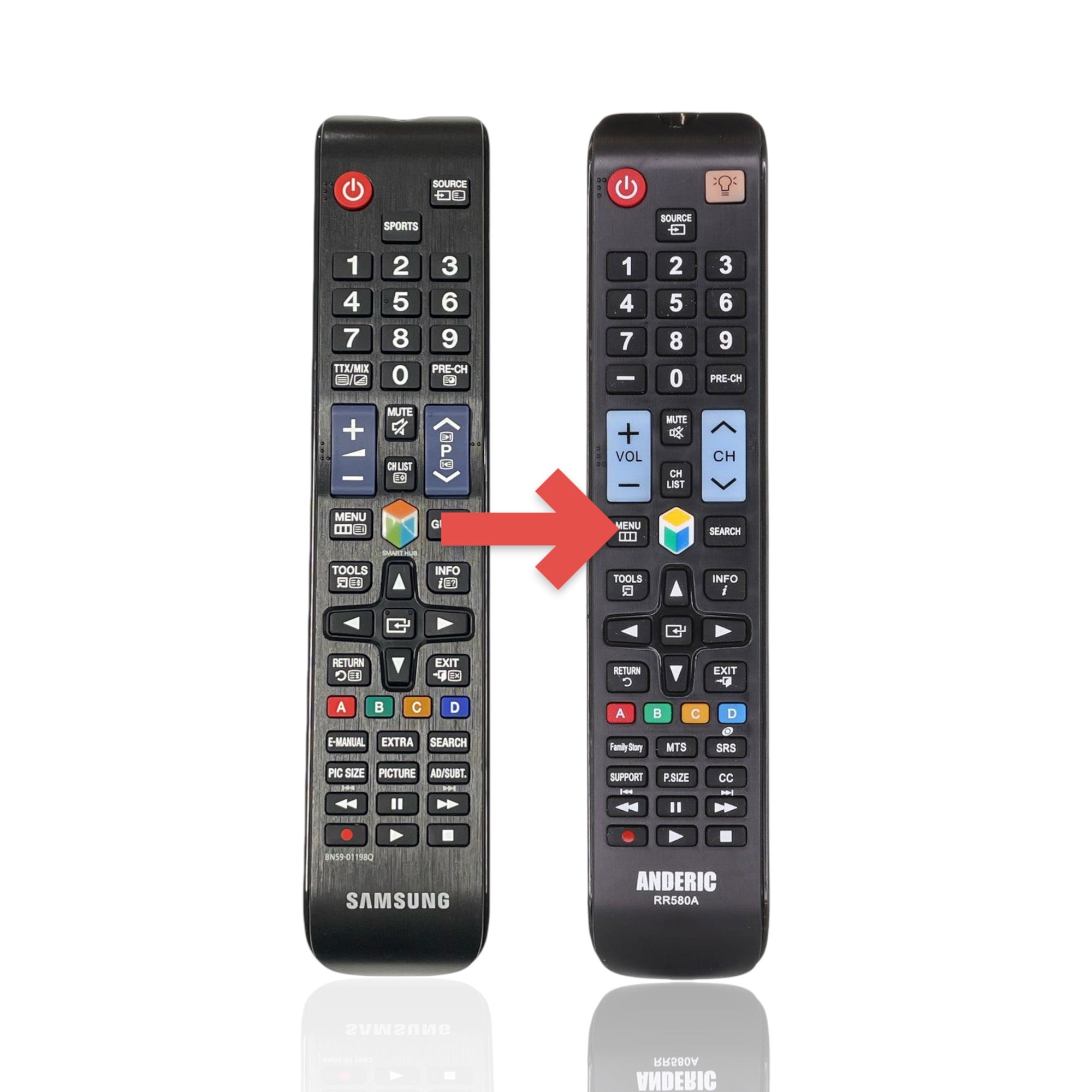 Anderic replacement remote control for Samsung BN59-01198Q TVs with black casing and standard button layout
