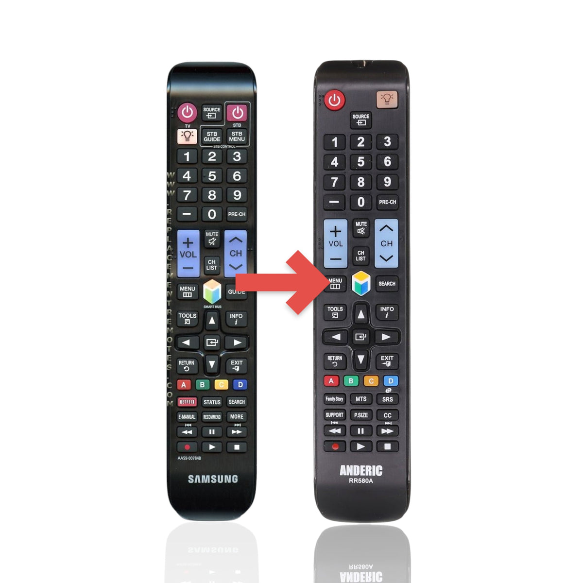 Anderic replacement TV remote for Samsung AA59-00784B featuring a black plastic body with standard navigation buttons.