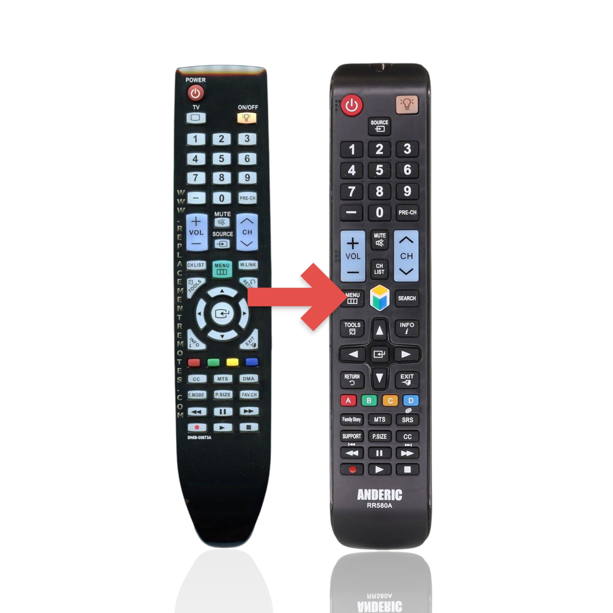 Anderic replacement TV remote for Samsung BN5900673A in black with standard number pad and navigation buttons.