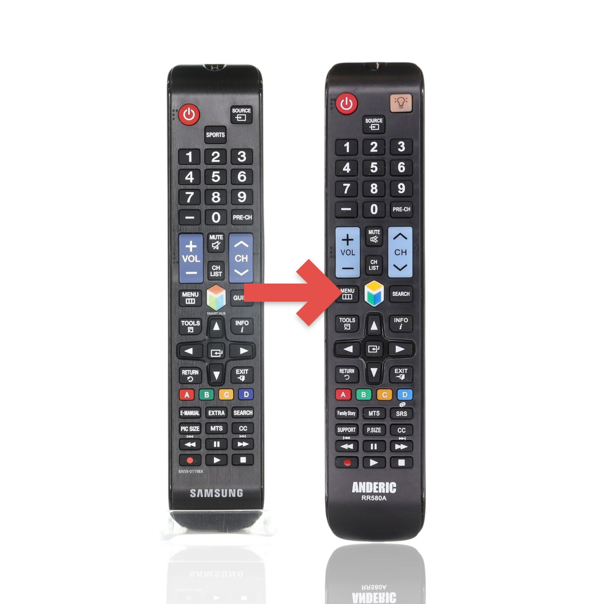 Anderic replacement remote for Samsung BN59-01198X TVs, featuring a black plastic body with standard navigation buttons.