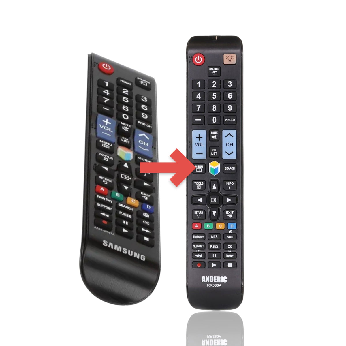 Anderic RR580A replacement remote control for Samsung TVs featuring a black design with standard button layout.