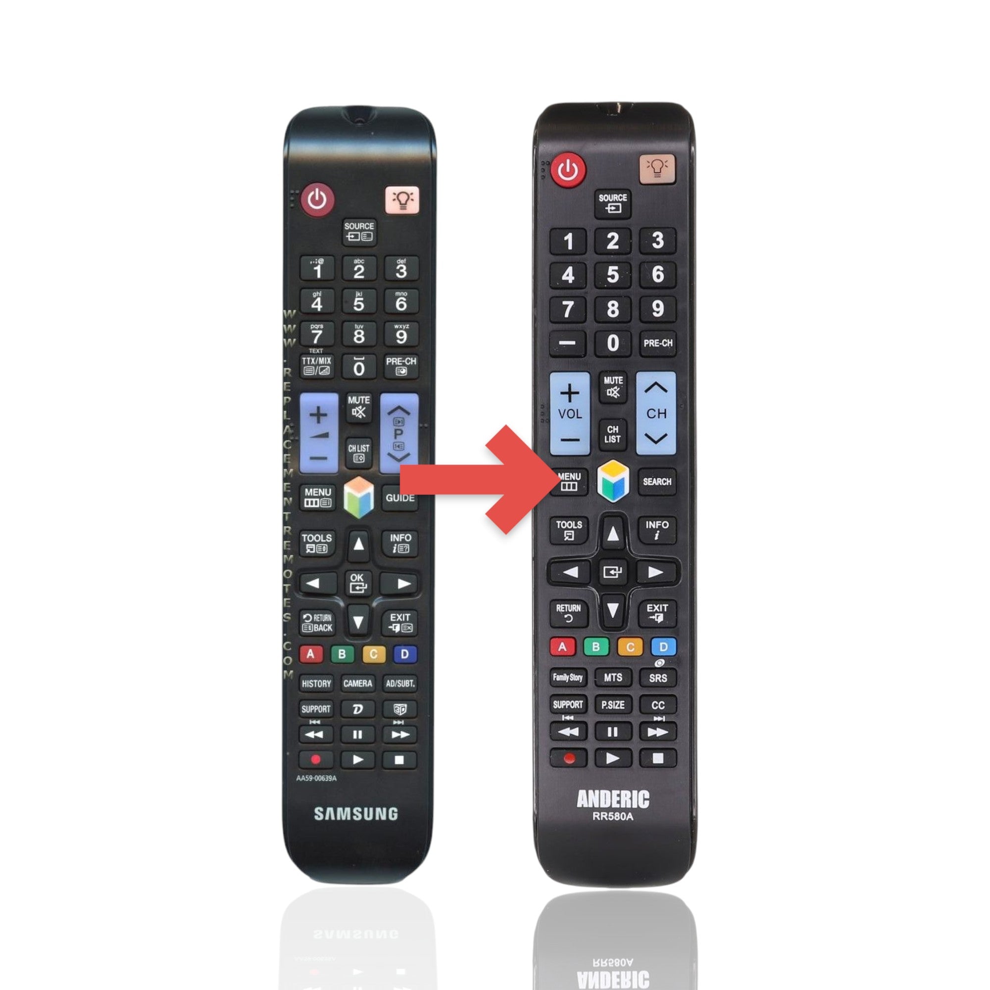 Anderic replacement TV remote for Samsung AA59-00639A with black plastic casing and standard button layout.