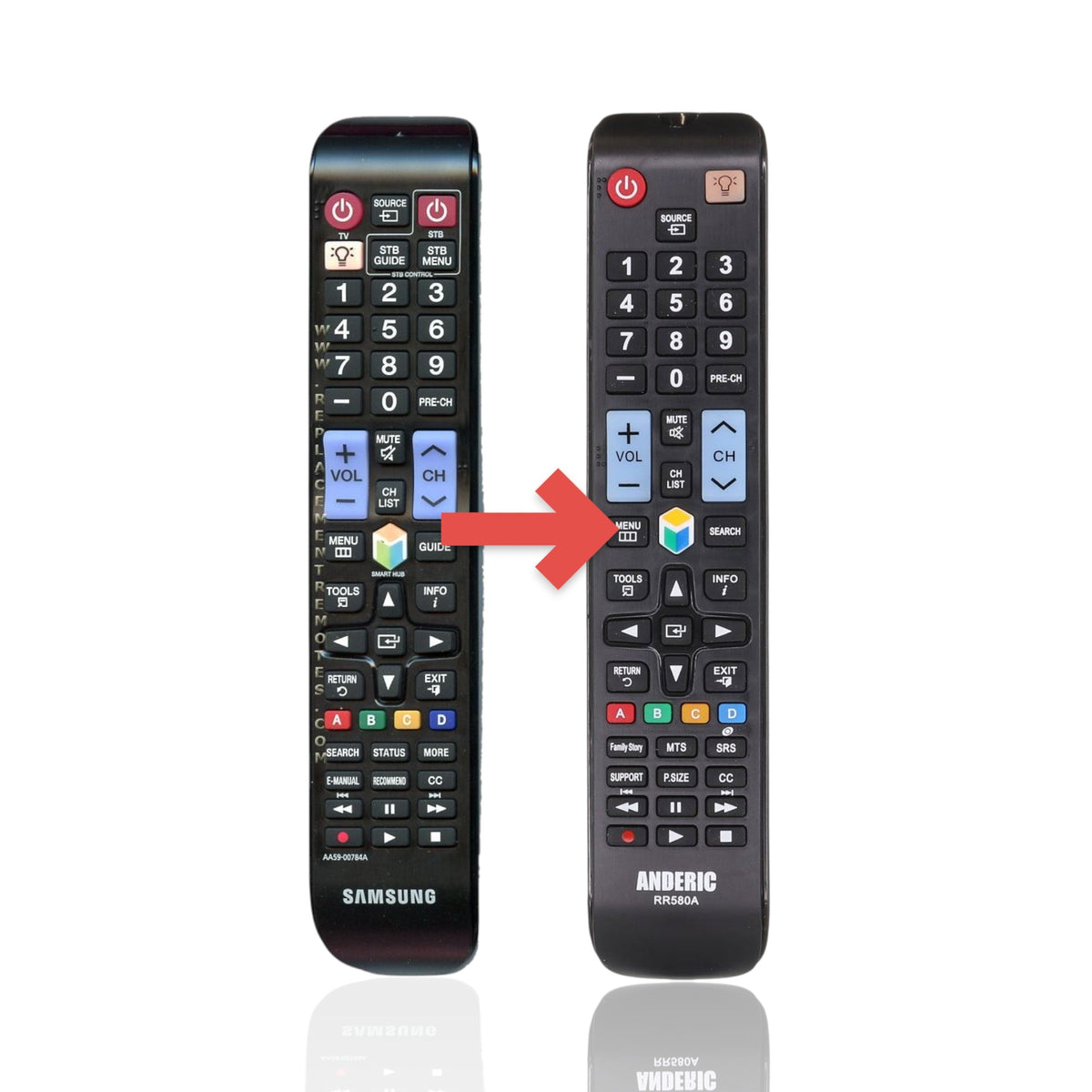 Anderic replacement remote control for Samsung TVs, black with standard button layout and infrared functionality.