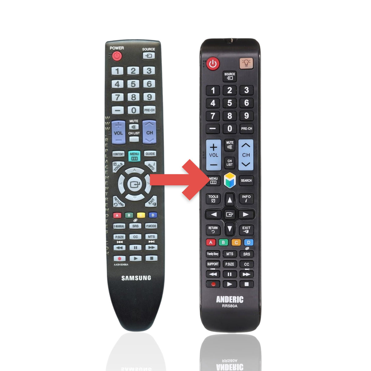 Anderic replacement black TV remote control for Samsung models with standard button layout and infrared functionality.
