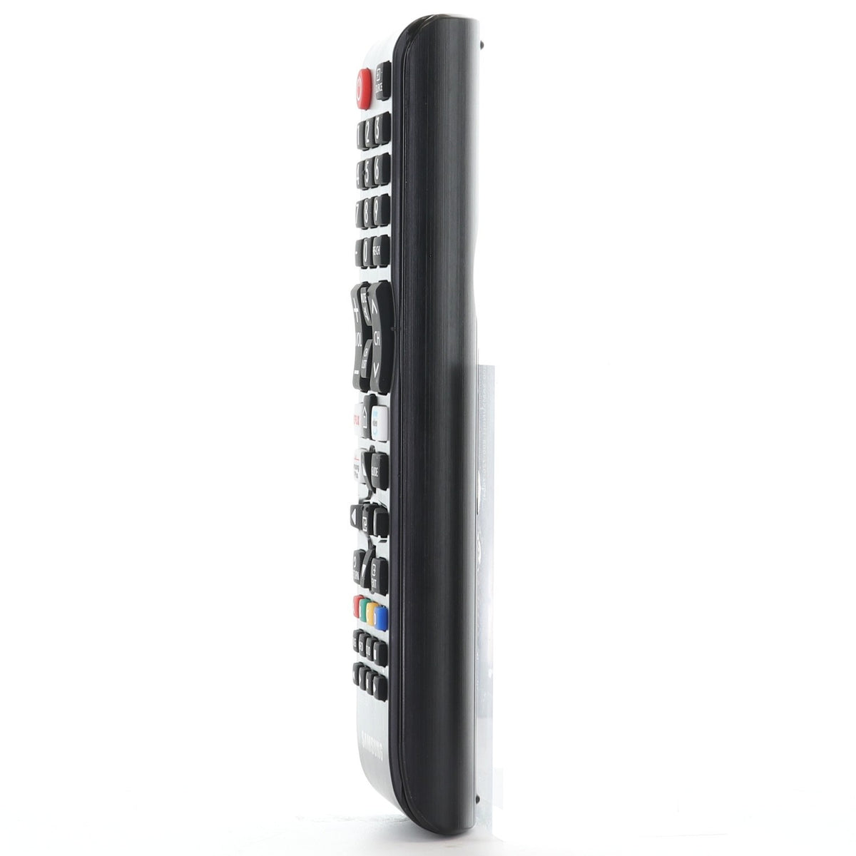 Anderic black infrared remote control for Samsung Smart TVs, side view showing button layout and slim profile.