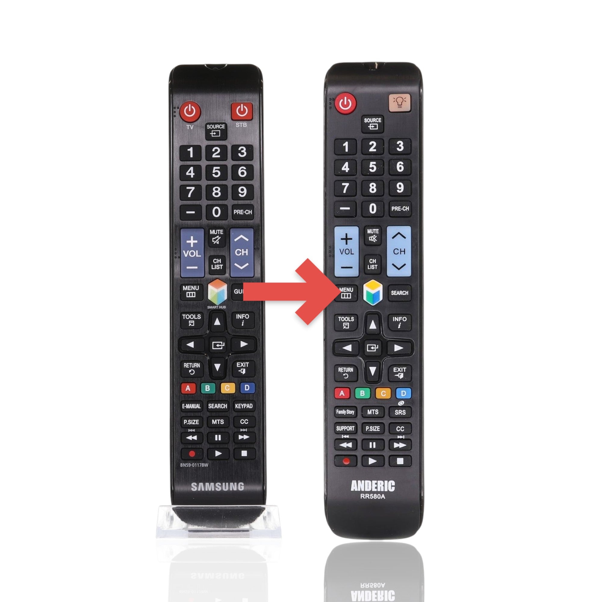 Anderic replacement black remote control for Samsung Smart TVs featuring a full button layout and Samsung branding.
