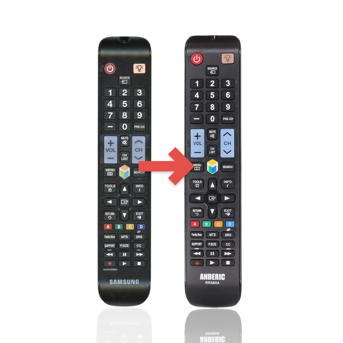 Anderic replacement infrared remote control for Samsung Smart TVs with standard button layout and black finish.