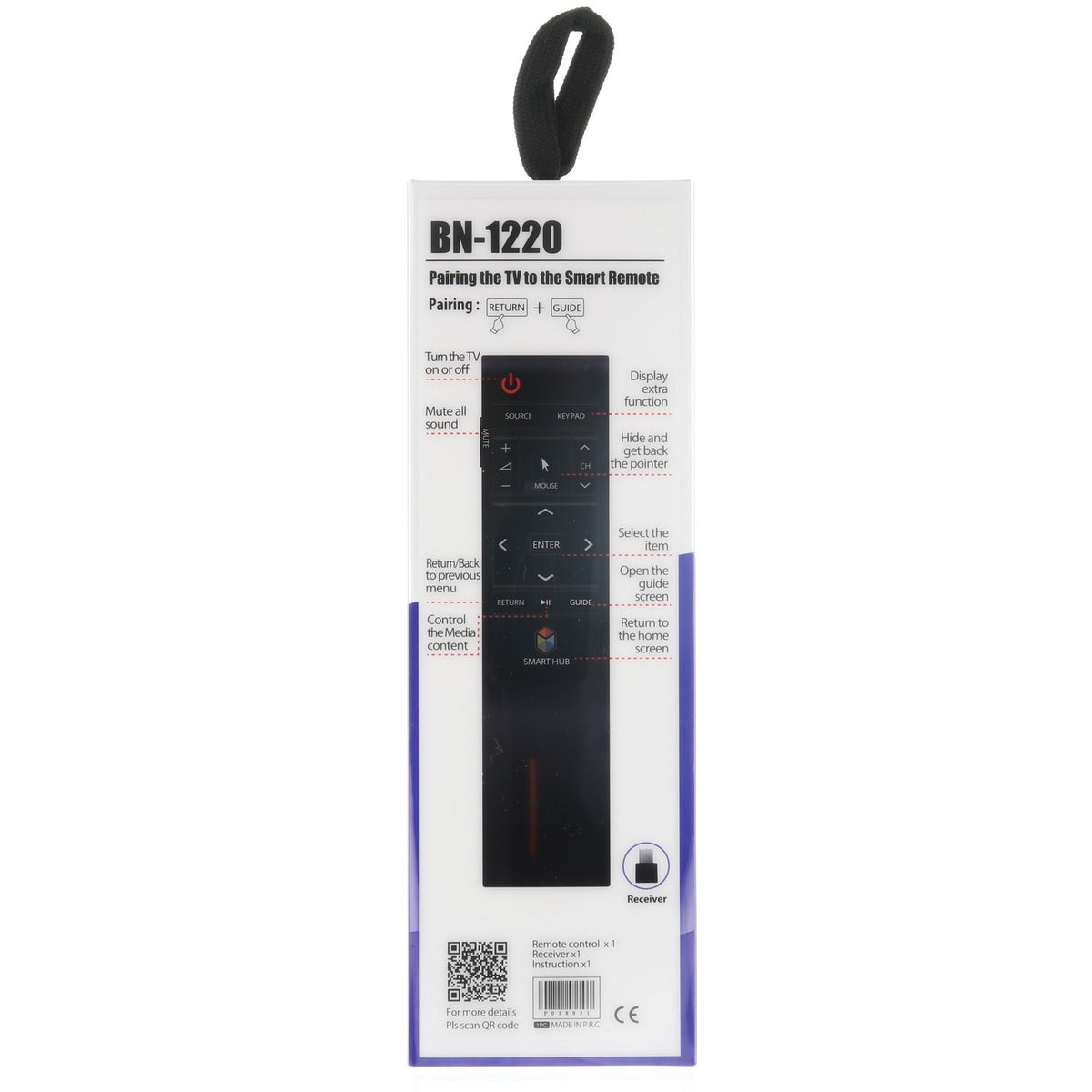 Anderic BN-1220 RF smart TV remote control in retail packaging with pairing instructions for Samsung TVs