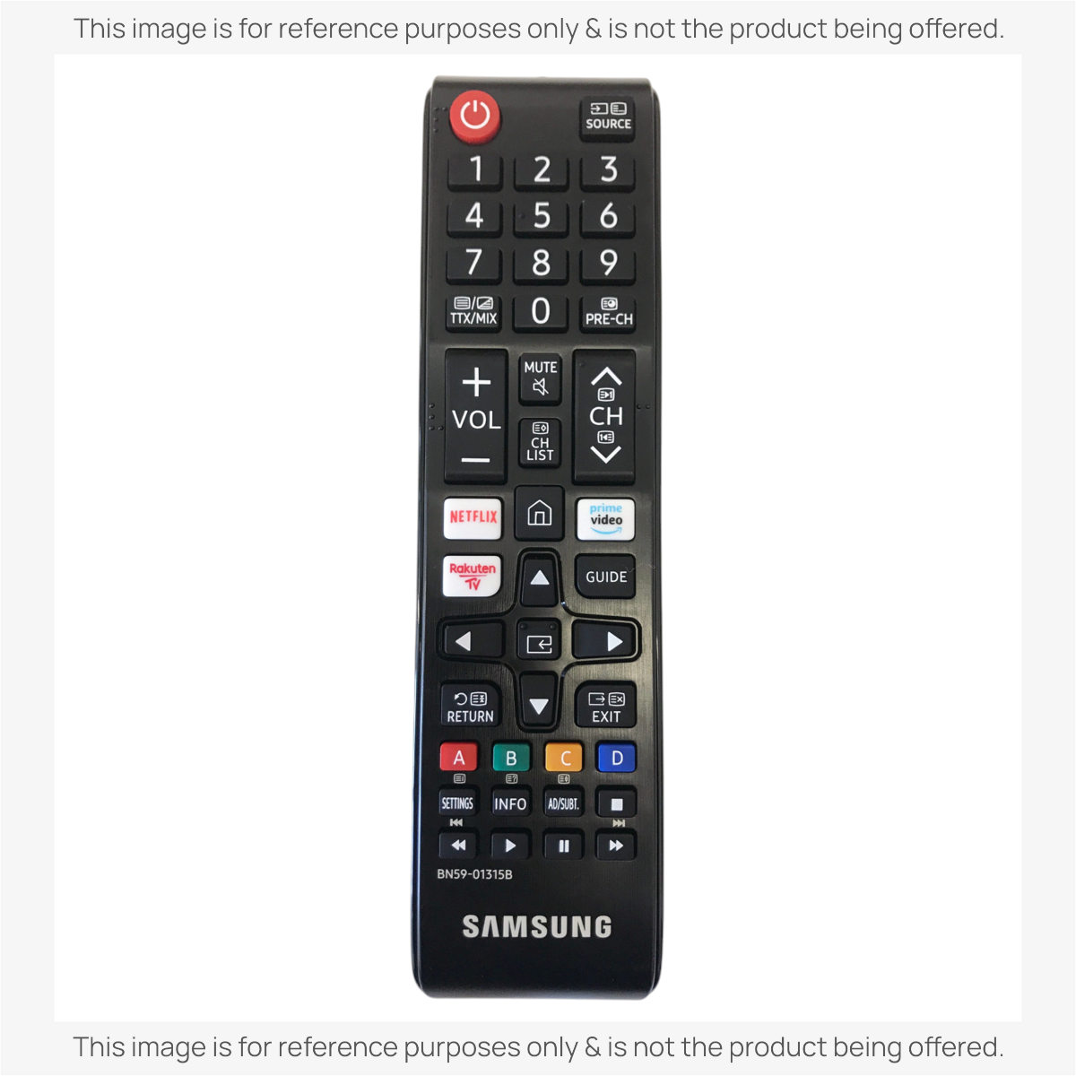 Anderic black infrared TV remote control for Samsung with dedicated Netflix, Prime Video, and Rakuten shortcut buttons.