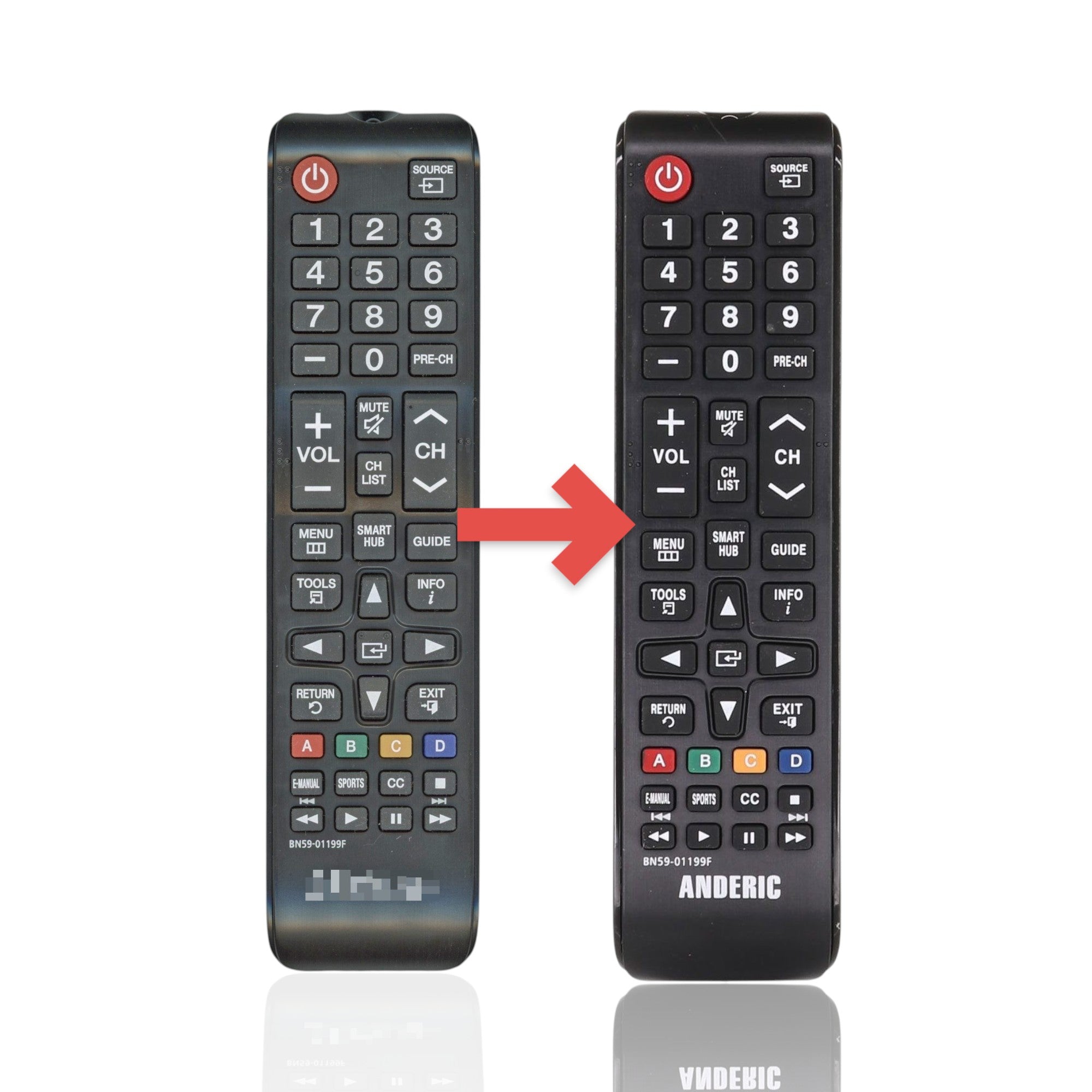 Anderic replacement Samsung BN59-01199F TV remote control with black casing and dedicated Smart Hub and app buttons.