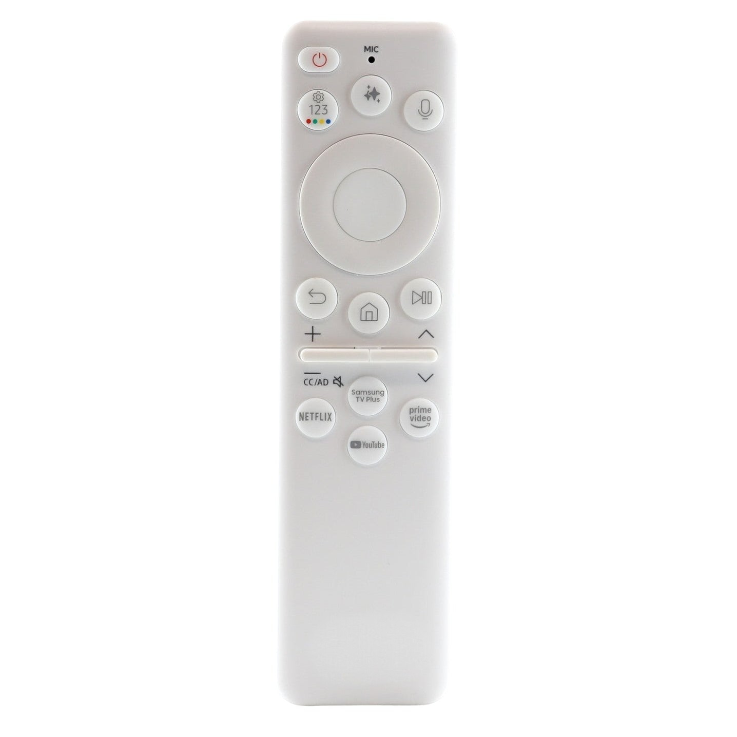 Anderic white Samsung SolarCell remote control for Smart Monitor and The Frame TV with voice and AI buttons.