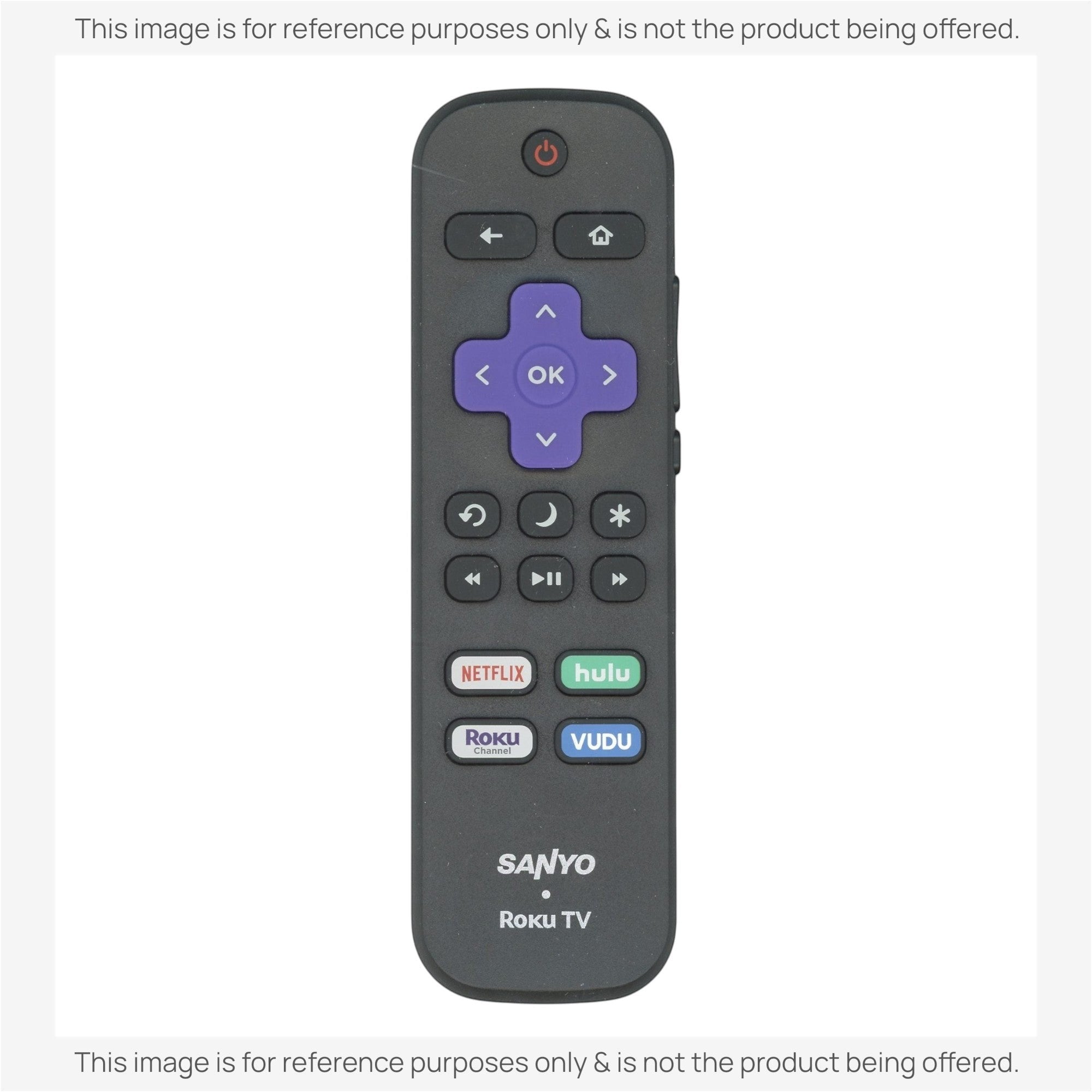 Anderic replacement remote control for Sanyo Roku TV featuring a purple directional pad and streaming app buttons.