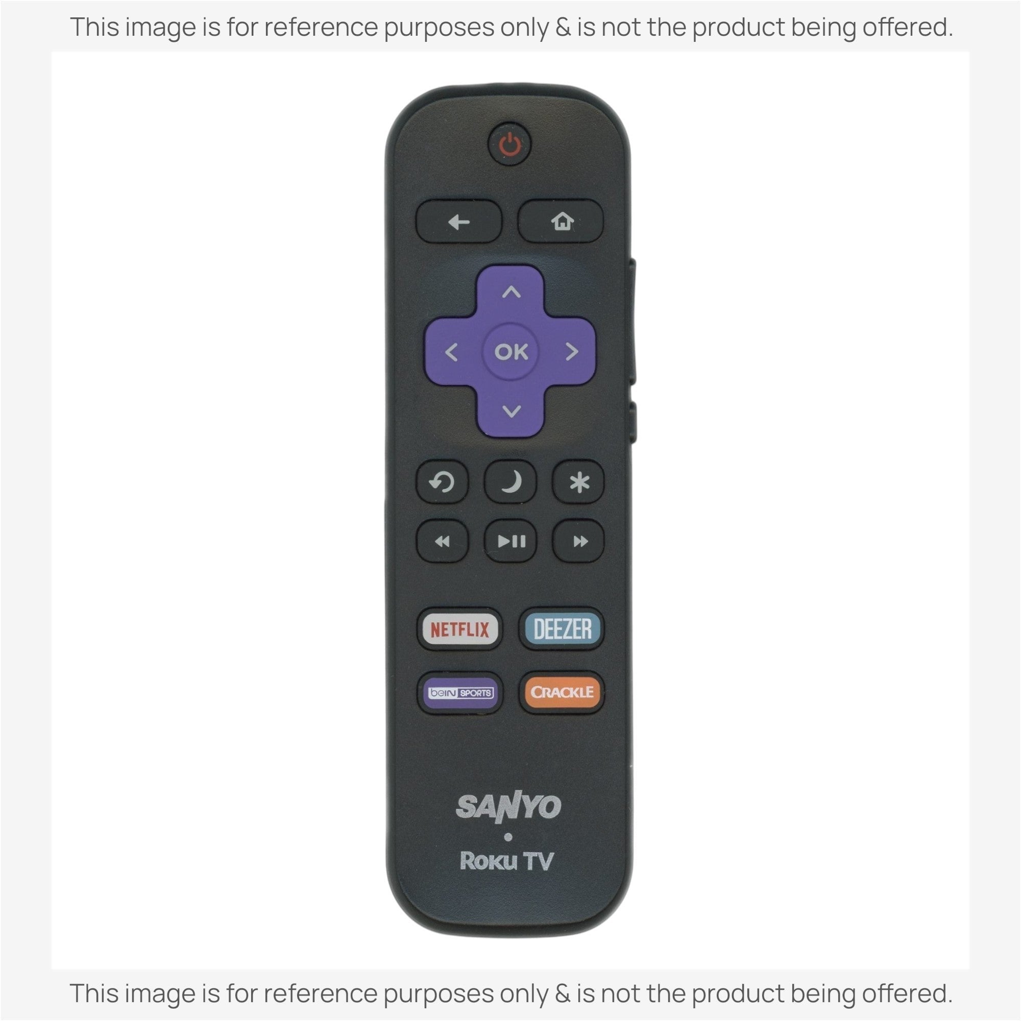 Anderic replacement Roku TV remote control for Sanyo with purple directional pad and dedicated streaming app buttons.