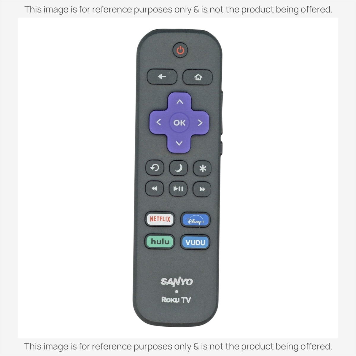 Anderic replacement Roku TV remote for Sanyo with purple directional pad and dedicated streaming app shortcut buttons.