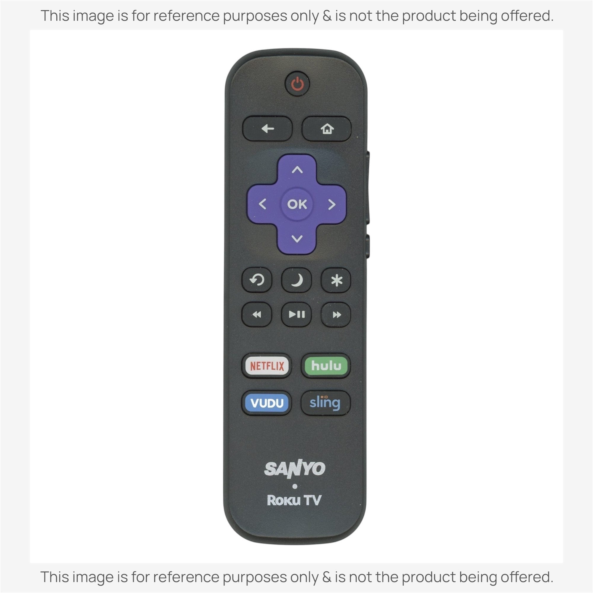 Anderic black Roku TV remote control with purple navigation buttons and streaming app shortcuts for Sanyo TVs.
