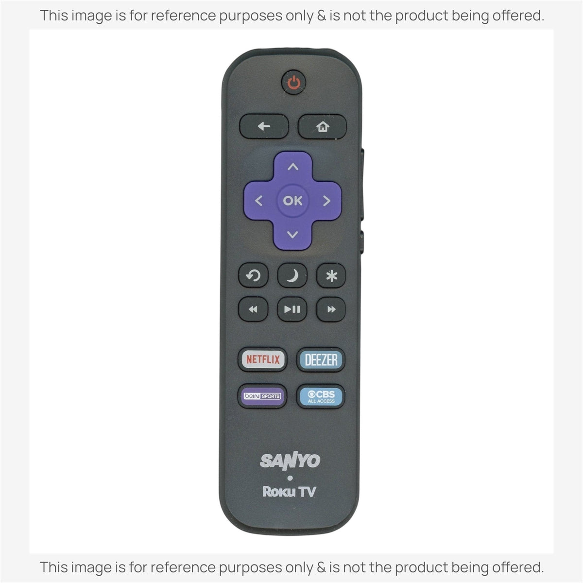 Anderic replacement remote control for Sanyo Roku TV with purple directional pad and dedicated streaming app buttons