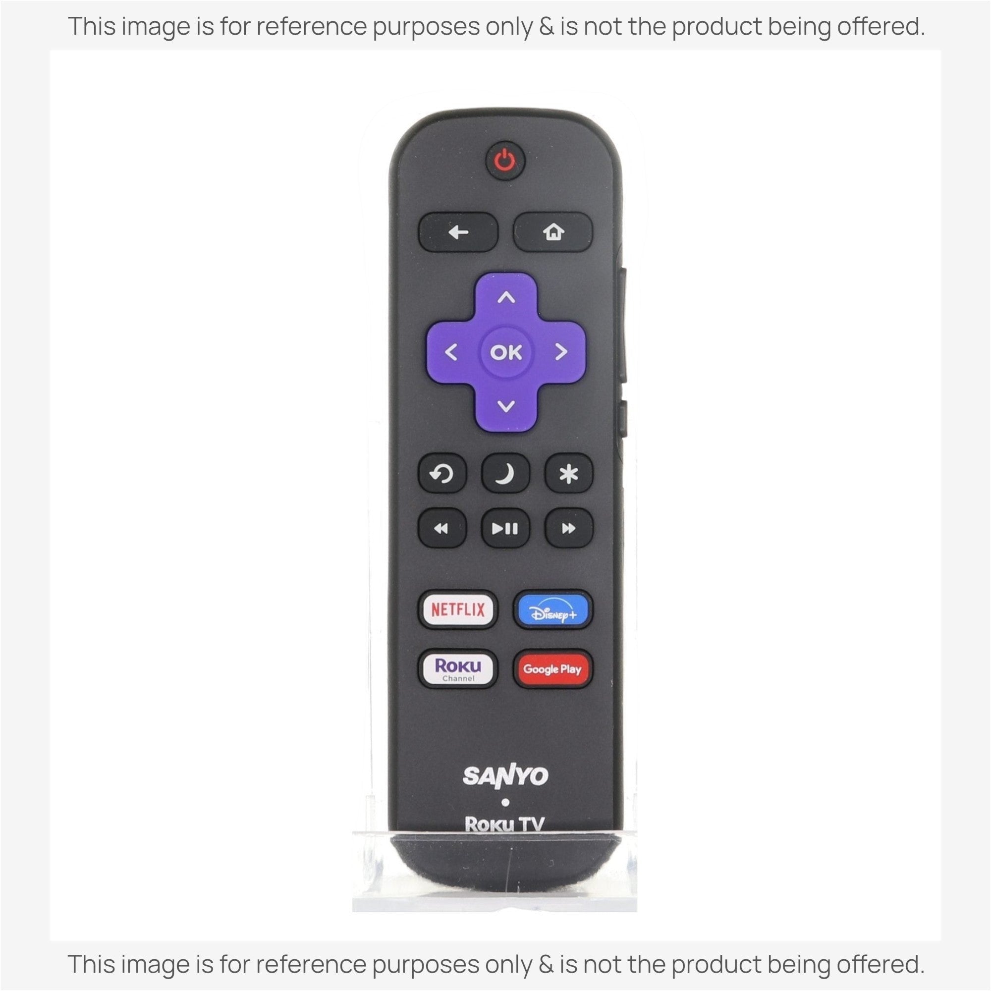 Anderic substitute remote control for Sanyo Roku TV featuring a purple directional pad and dedicated streaming buttons
