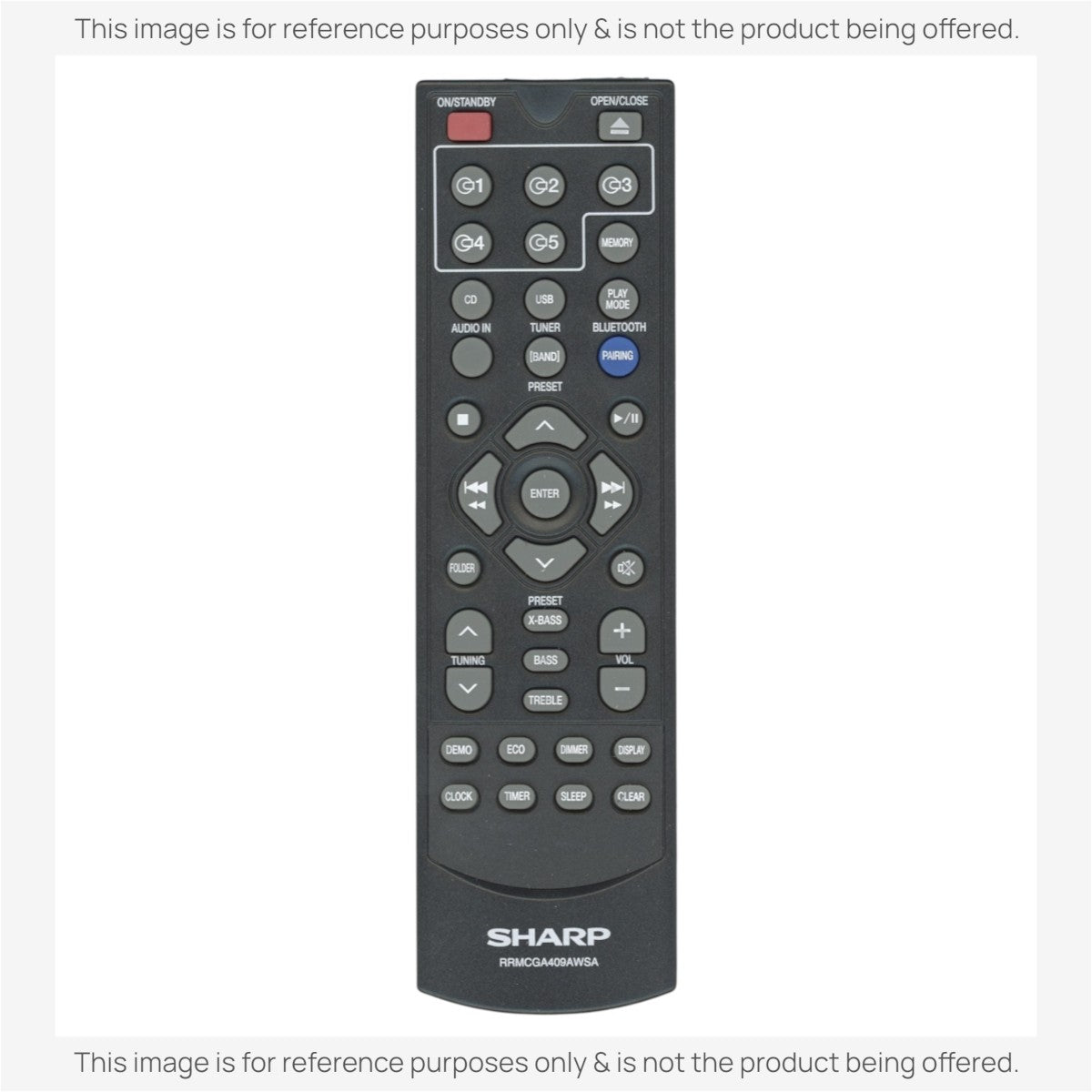 Anderic replacement remote control for Sharp micro component audio systems with black buttons and clear labels.