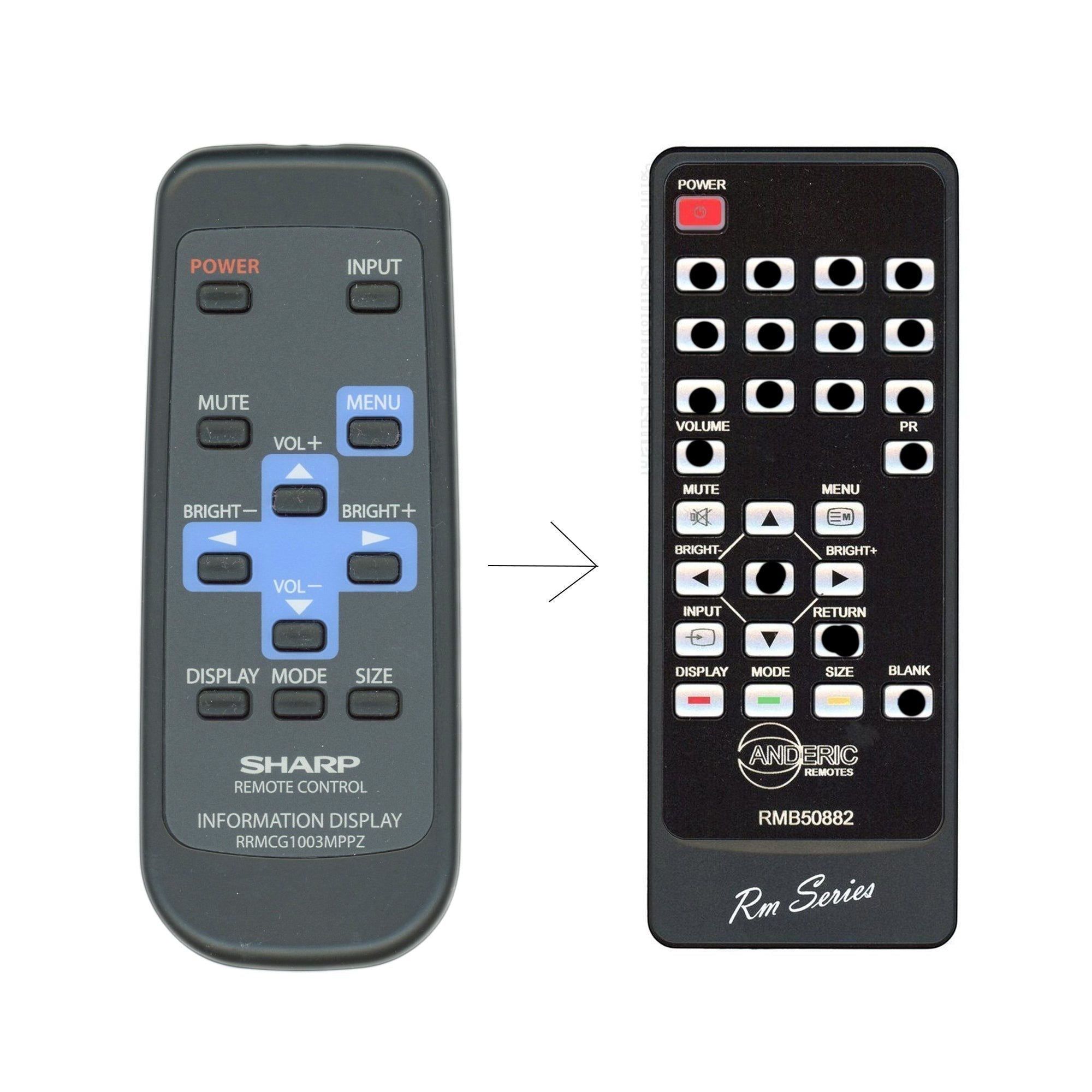 Anderic substitute infrared remote control for Sharp professional monitors with black casing and clearly labeled buttons.