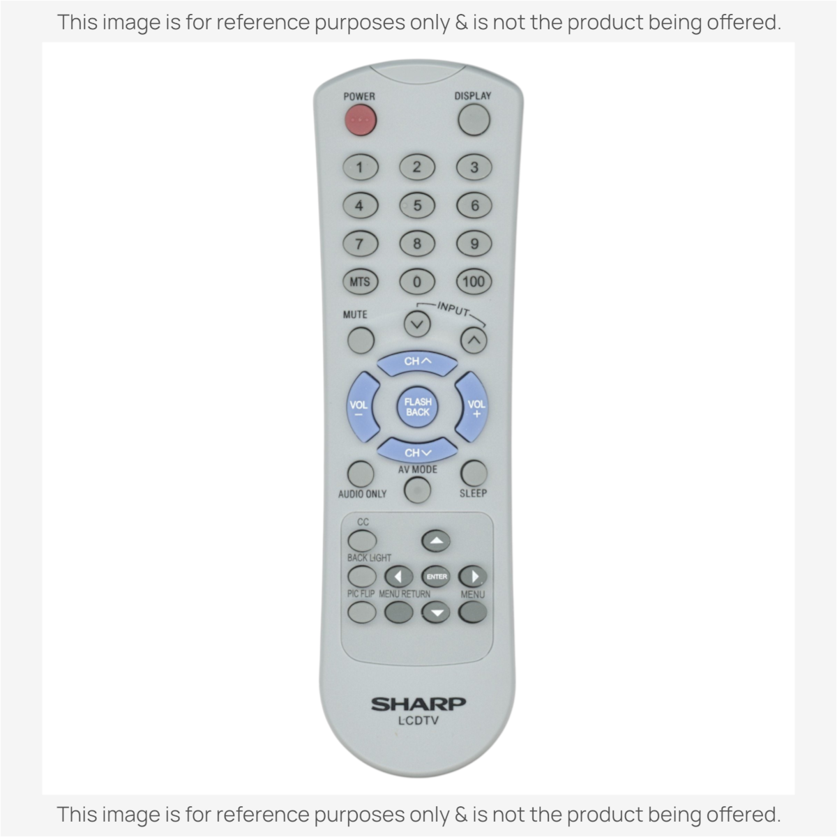 Anderic replacement remote control for Sharp LCDTV featuring a grey body and blue navigation buttons.