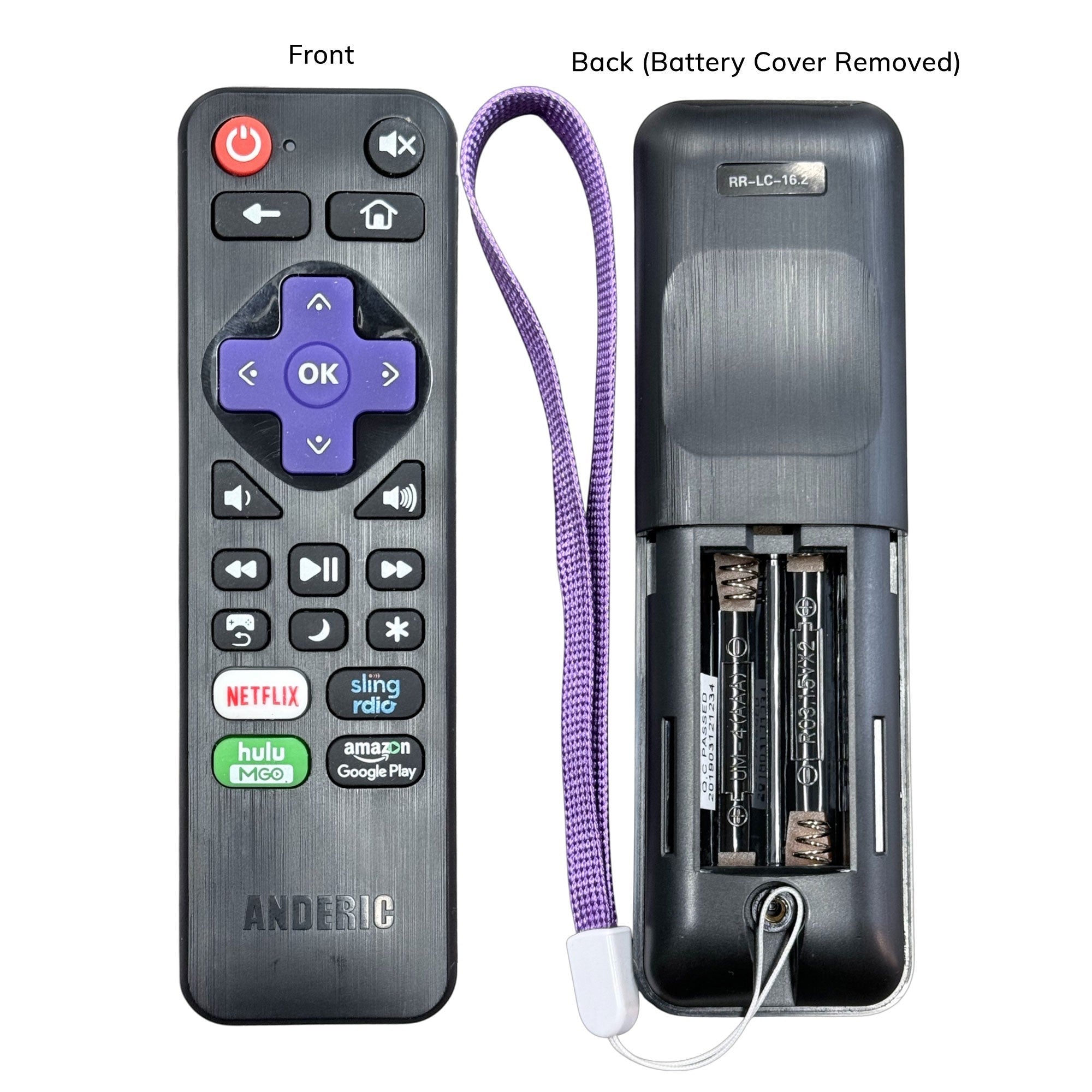 Anderic replacement remote for Sharp Roku TV showing front button layout and back battery compartment with wrist strap