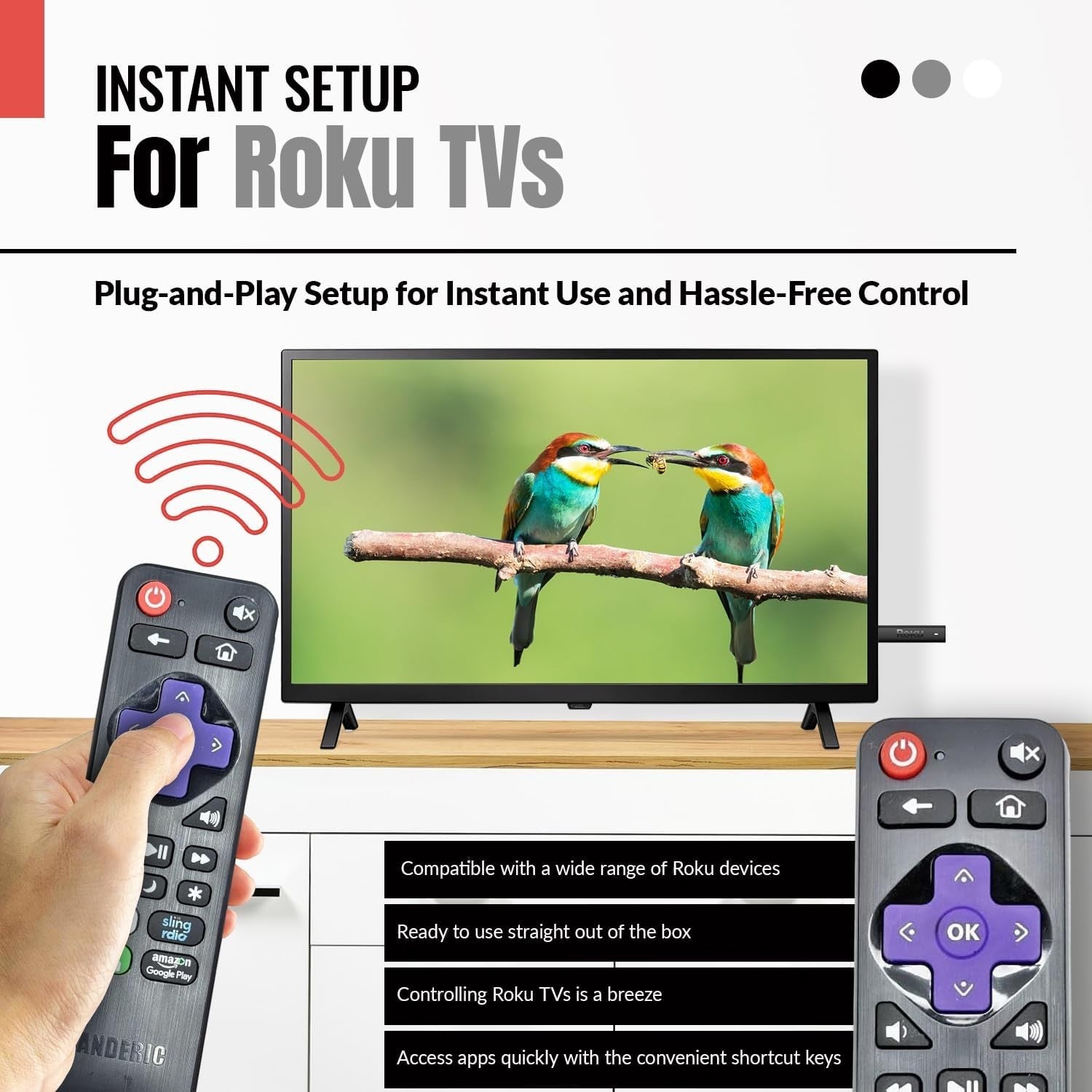 Anderic substitute remote control for Sharp Roku TVs featuring a purple directional pad and streaming app shortcuts.