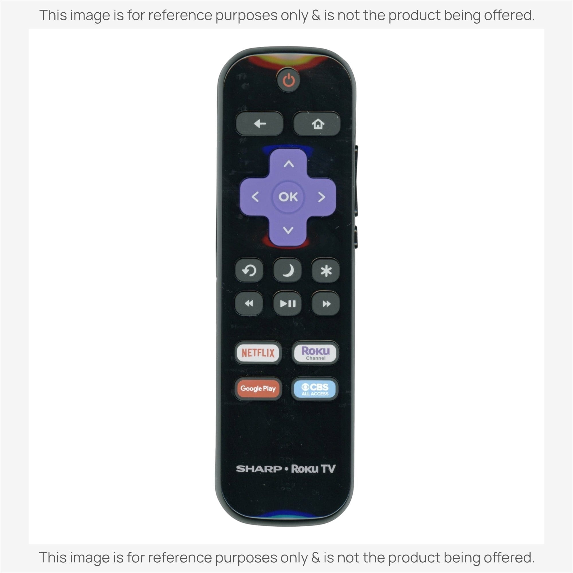 Anderic RRLC16 black replacement remote control for Sharp Roku TV with purple navigation pad and streaming buttons.