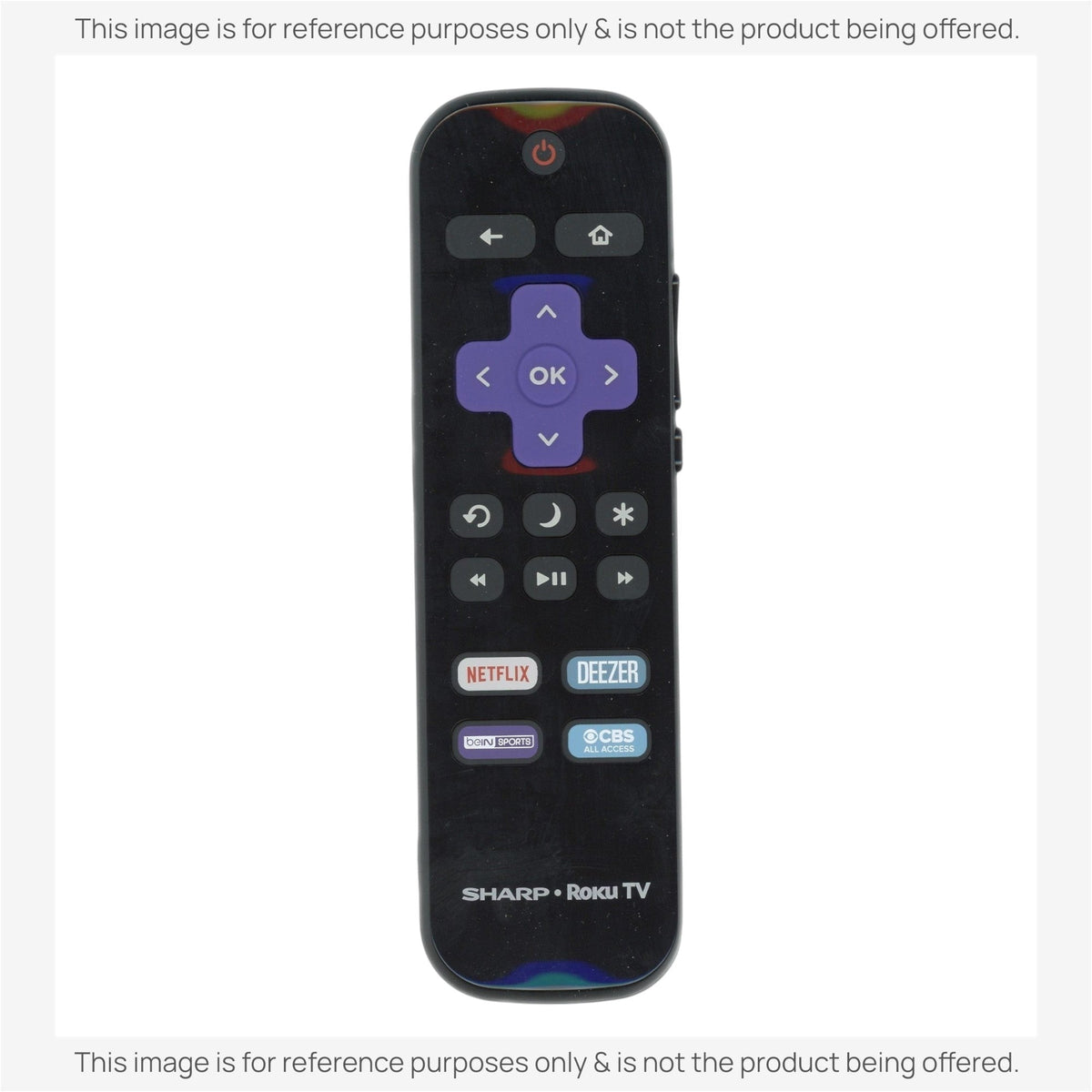 Anderic replacement remote for Sharp Roku TV with purple navigation pad and dedicated streaming app shortcut buttons.