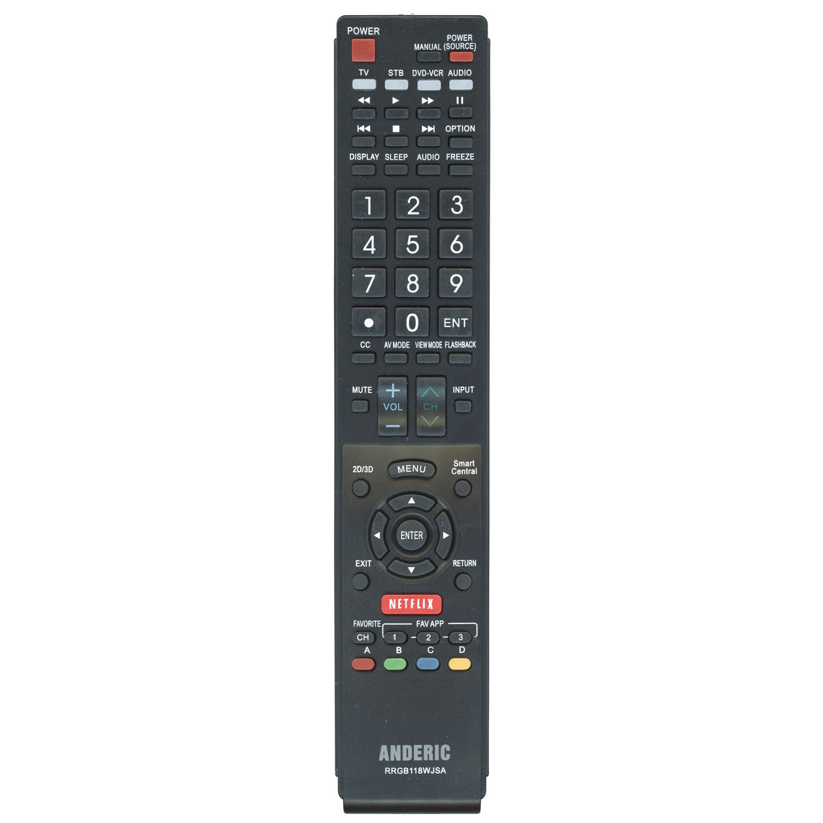 Anderic substitute remote control for Sharp TVs, black plastic with dedicated Netflix button and full keypad.