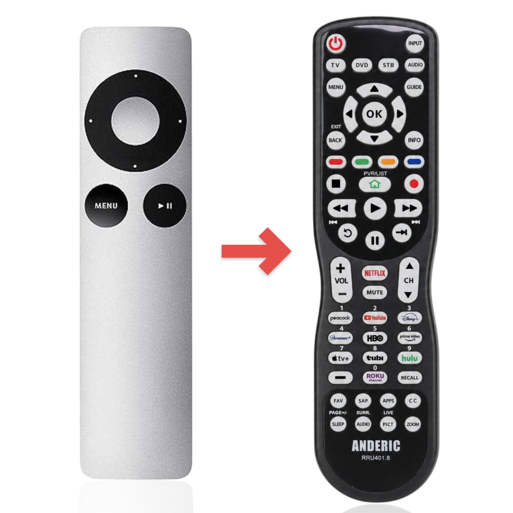 Anderic silver streaming remote control replacement for Apple TV with black circular navigation and menu buttons.
