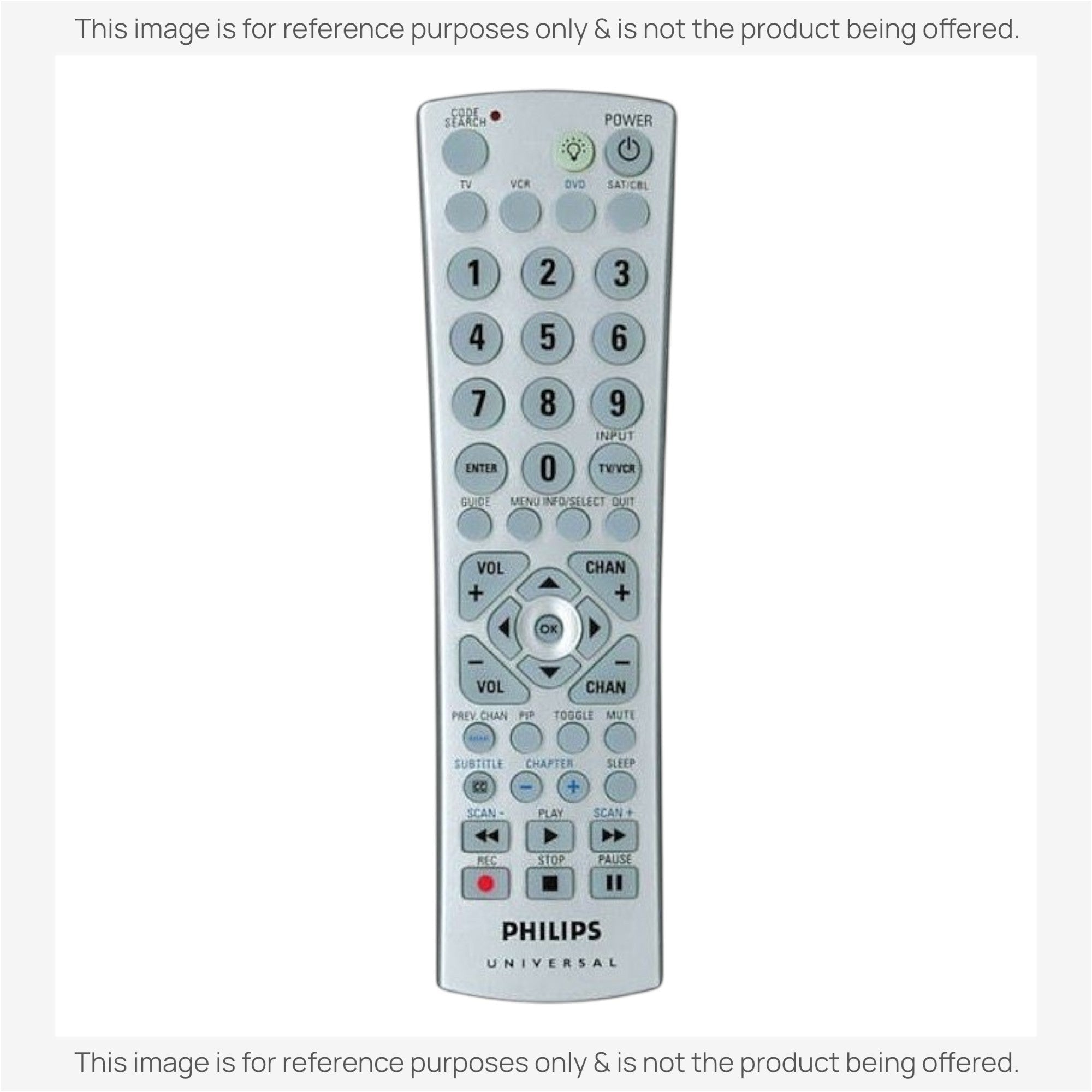 Anderic silver 4-device universal remote control with numeric keypad, playback buttons, and menu navigation controls.
