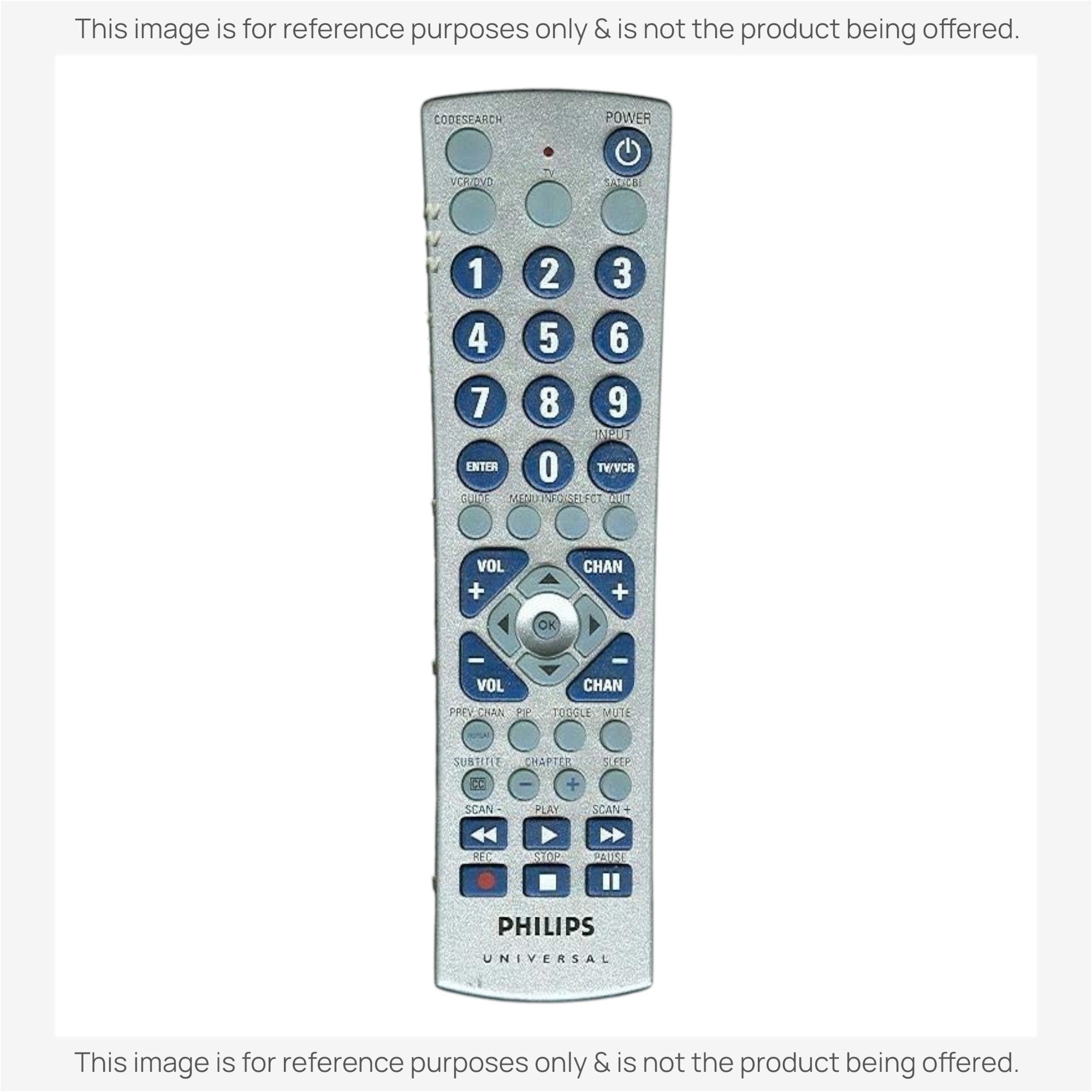 Anderic silver universal remote control with blue number buttons and backlit keypad for TV and media devices