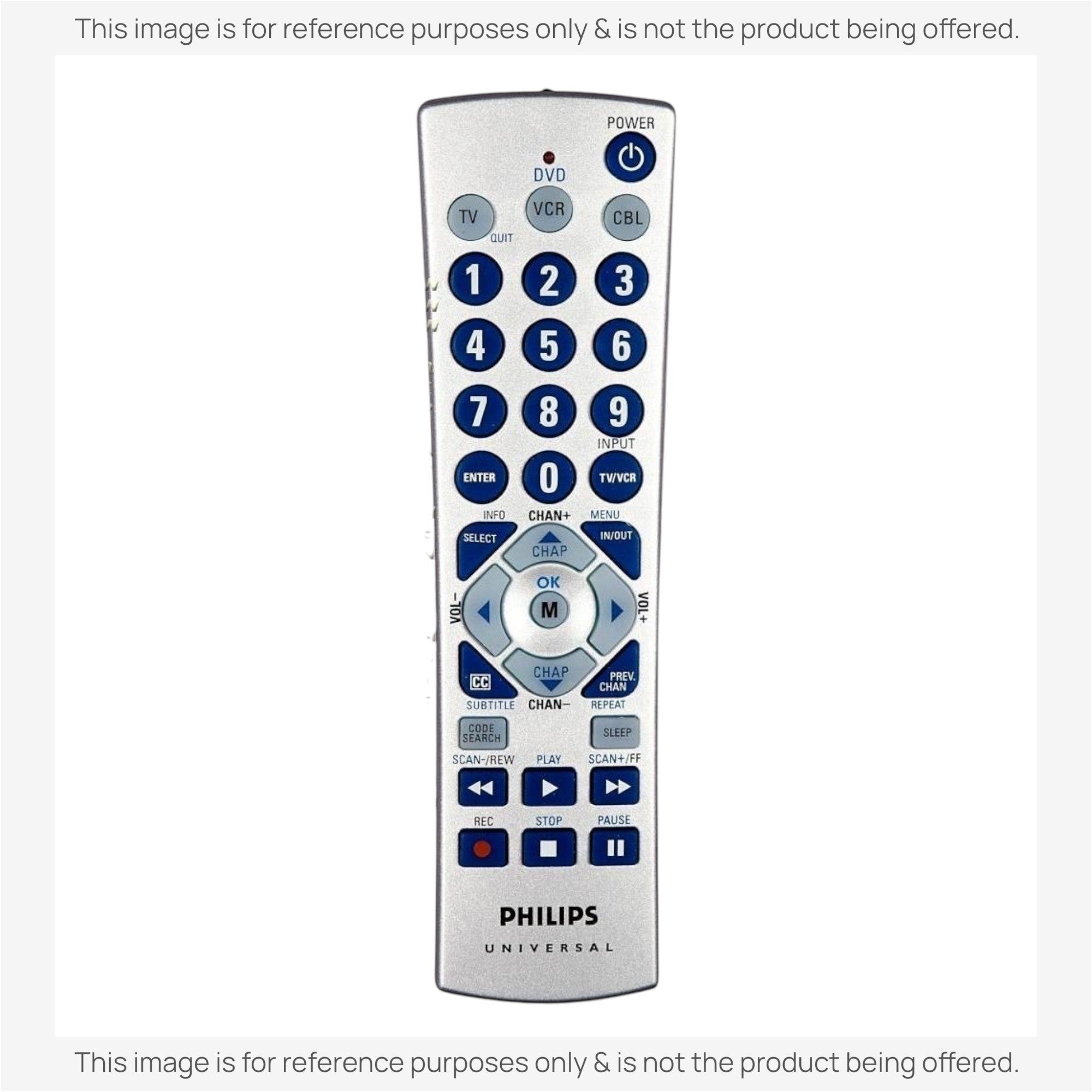 Anderic silver 3-device universal remote control with blue circular buttons and dedicated media playback controls.