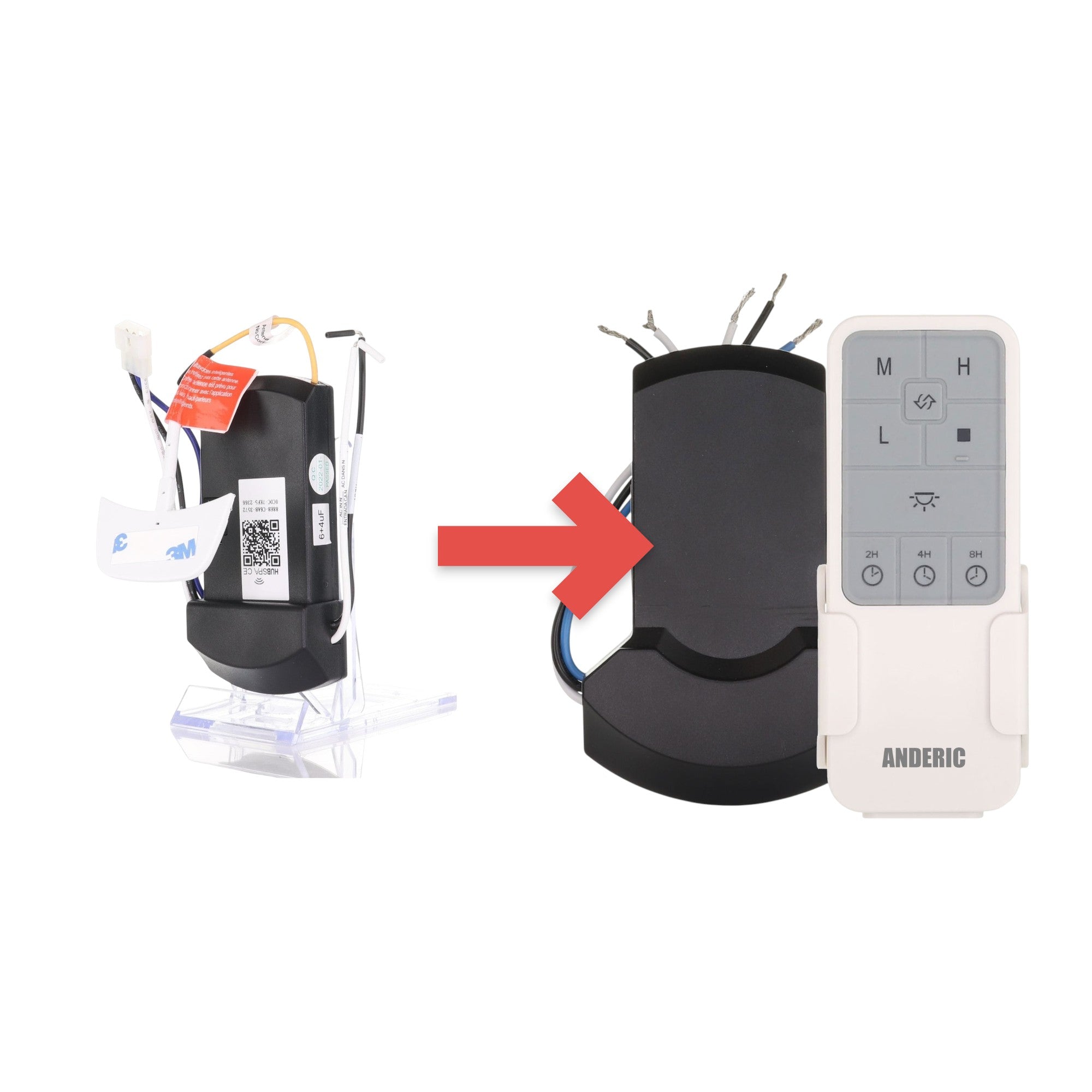 Anderic UC7235T4 smart ceiling fan receiver for Hampton Bay MR225A Hubspace systems with wiring and antenna.